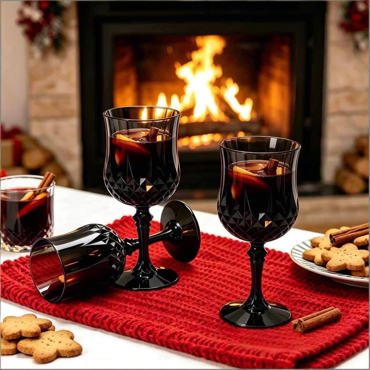 7OZ Plastic Wine Glasses, 24Pcs Black Reusable Drinking Cups Vintage Champagne Flutes, Plastic Crystal Water Goblets for Parties Stemmed Shatterproof Drinking Glasses for Wedding, Toasting Party