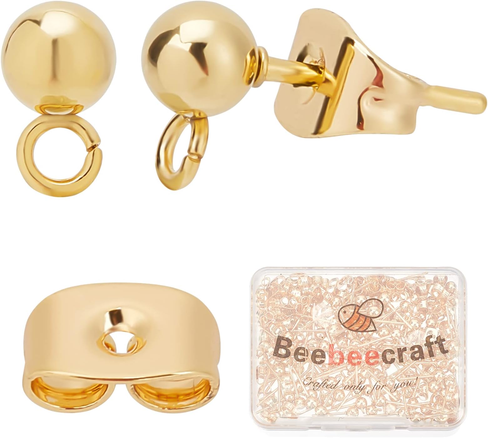 Beebeecraft 100PCS 24K Gold Plated Earring Studs with Loop Ball Post Earring Findings with 100Pcs Butterfly Ear Back for DIY Jewelry Dangle Earring Making(15x7mm, Ball: 4mm)