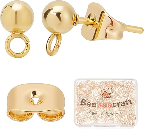 Beebeecraft 100PCS 24K Gold Plated Earring Studs with Loop Ball Post Earring Findings with 100Pcs Butterfly Ear Back for DIY Jewelry Dangle Earring Making(15x7mm, Ball: 4mm)