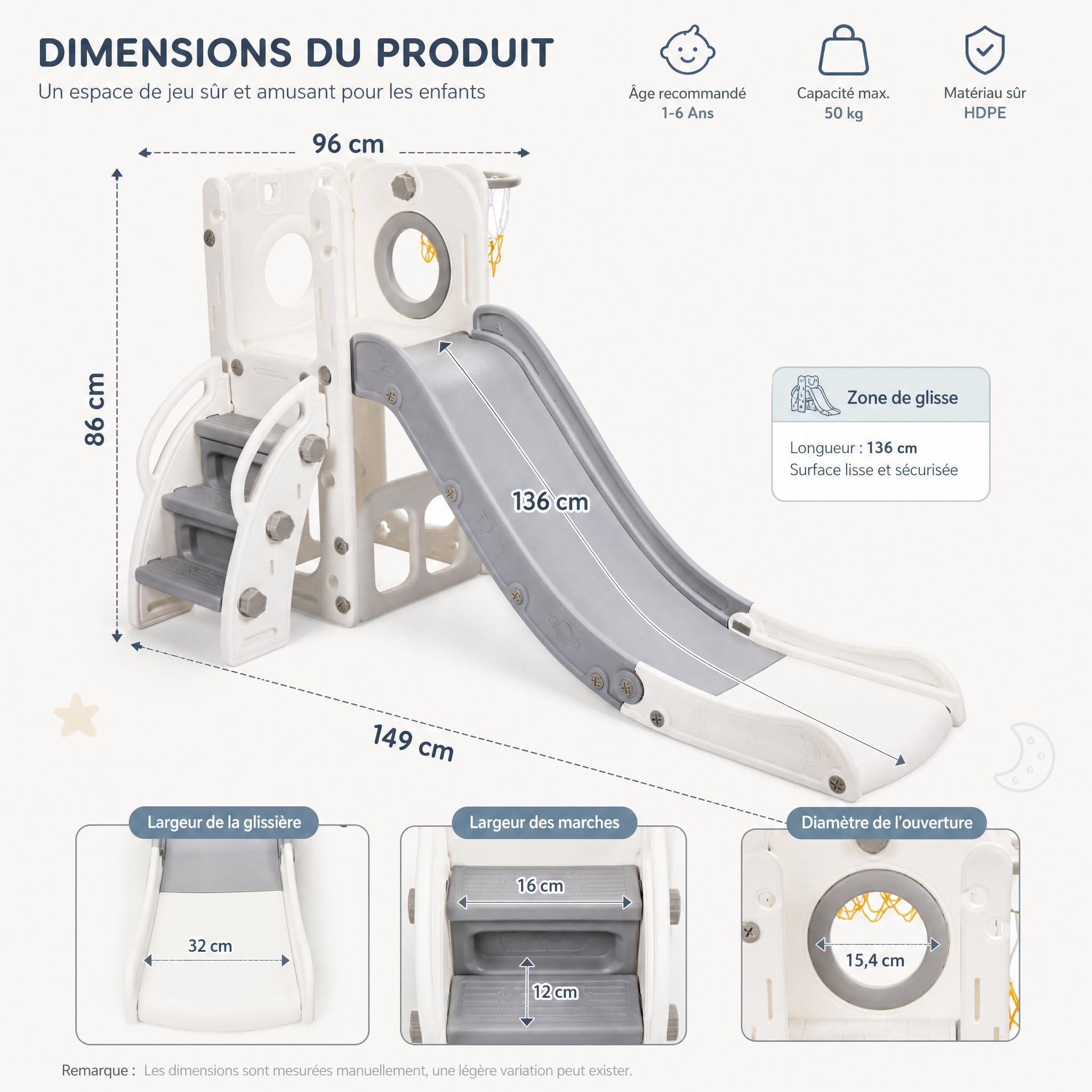 hotsizz Toboggan Enfant utilisable en intérieur et extérieur Toboggan 4 en 1 équipé d’Un Panier de Basket, d’Un bac de Rangement et d’escaliers d’Escalade,Longueur du Toboggan 136 cm