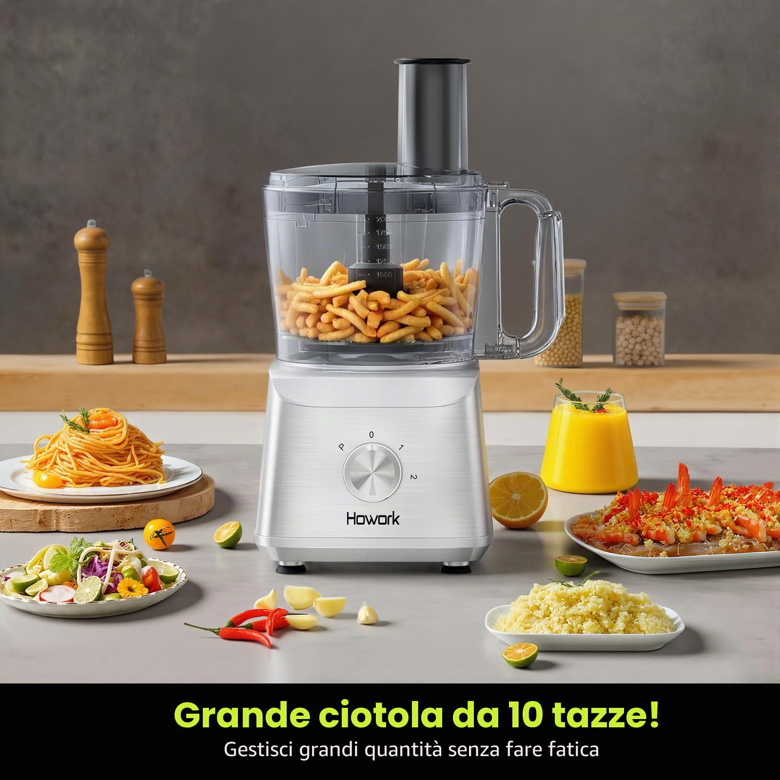Howork Robot da Cucina multifunzione 1500W, Multifunzione di Grande Capacità, Per Tritare, Affettare, Sminuzzare, Tritare, Frullare, Sminuzzare,Farcire e Impastare, Acciaio Inox Argenteo