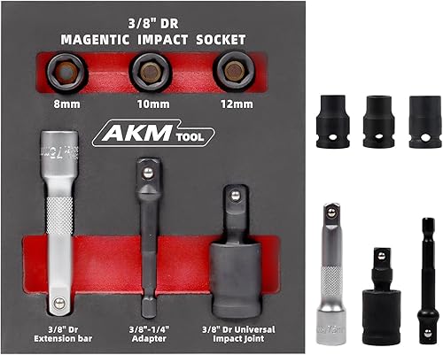 AKM TOOL Juego de llaves magnéticas de 38", juego de llaves de impacto universal, 6 piezas, métricas, 6 puntos, acero Cr-Mo, incluye adaptadores de
