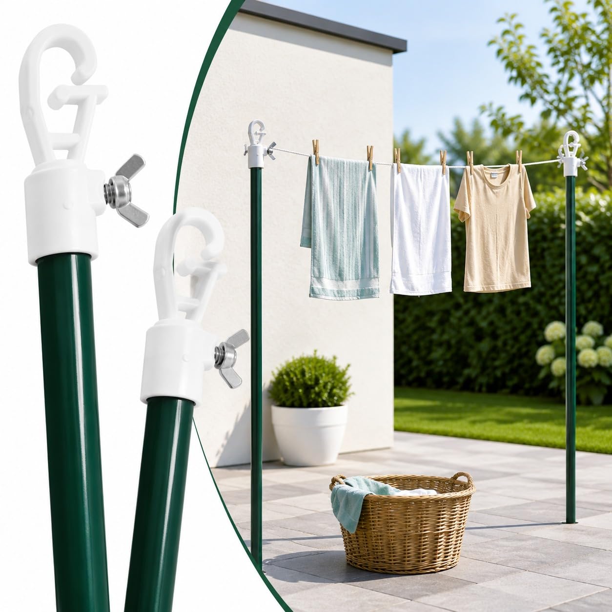 Pack of 2 Heavy Duty Washing Line Prop Poles 2.4M, Telescopic Clothesline Support Poles with Hook Lock, Extendable Adjustable Laundry Drying Pole for Garden Outdoor Use Anti Sagging