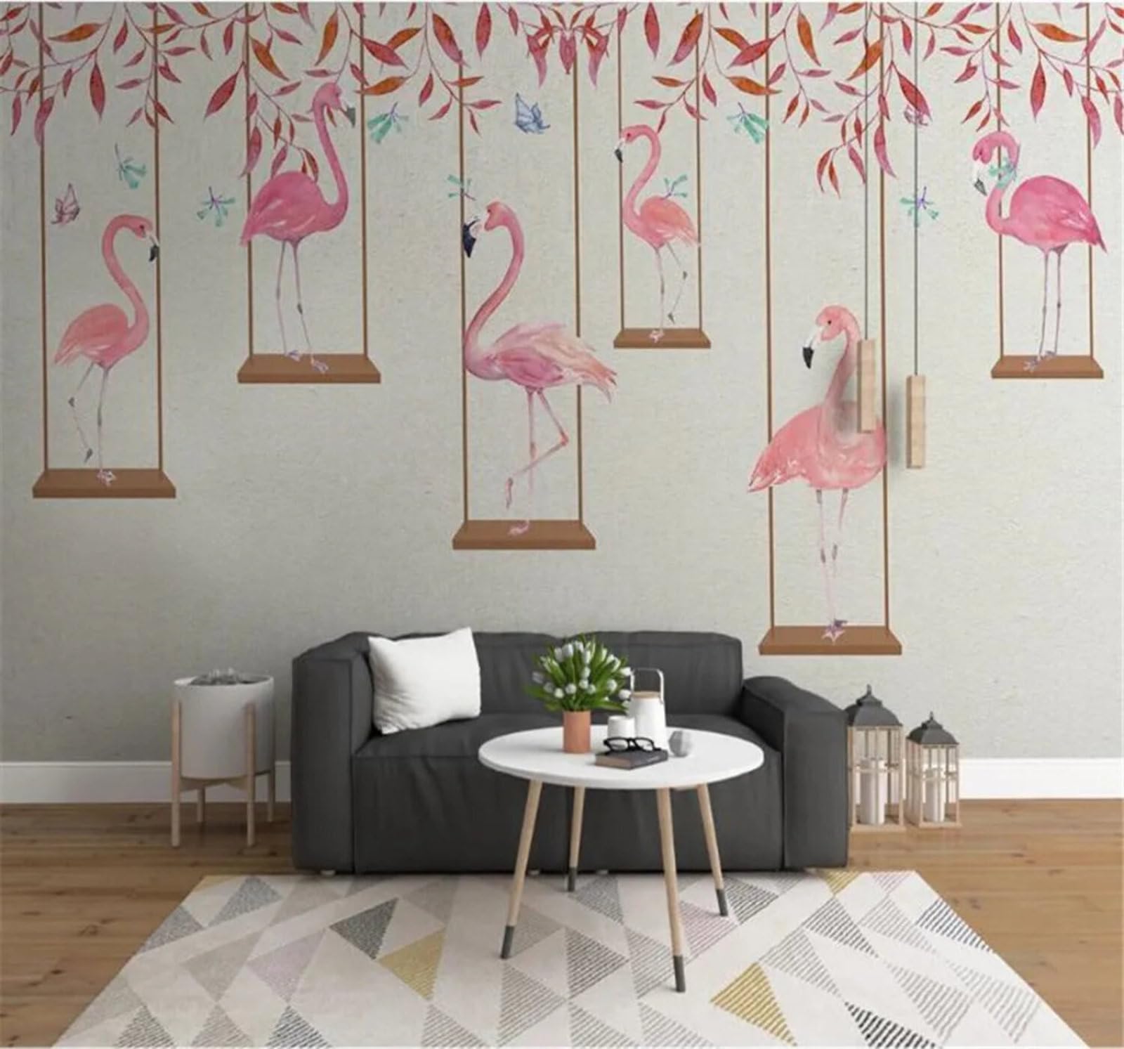 Tzxztt Minimalist Cartoon Flamingo Leaves Unique Modern 3D Wallpaper Premium Textured Silk Neutral Tones Material Ideal for Living Room Bedroom-400cm×280cm