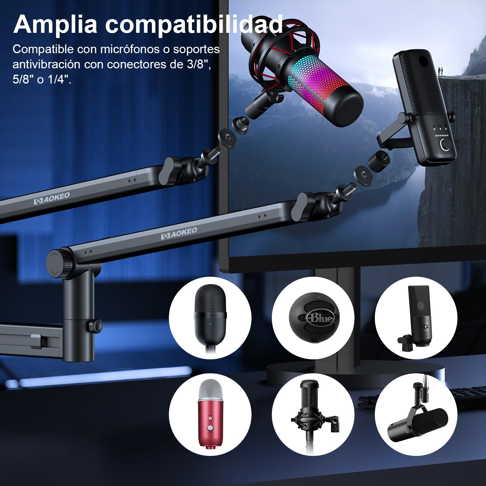 Aokeo AK-58 - Brazo de micrófono ajustable de perfil bajo, adecuado para Blue Yeti, Snowball iCE, HyperX QuadCast, SoloCast, Elgato Wave, etc