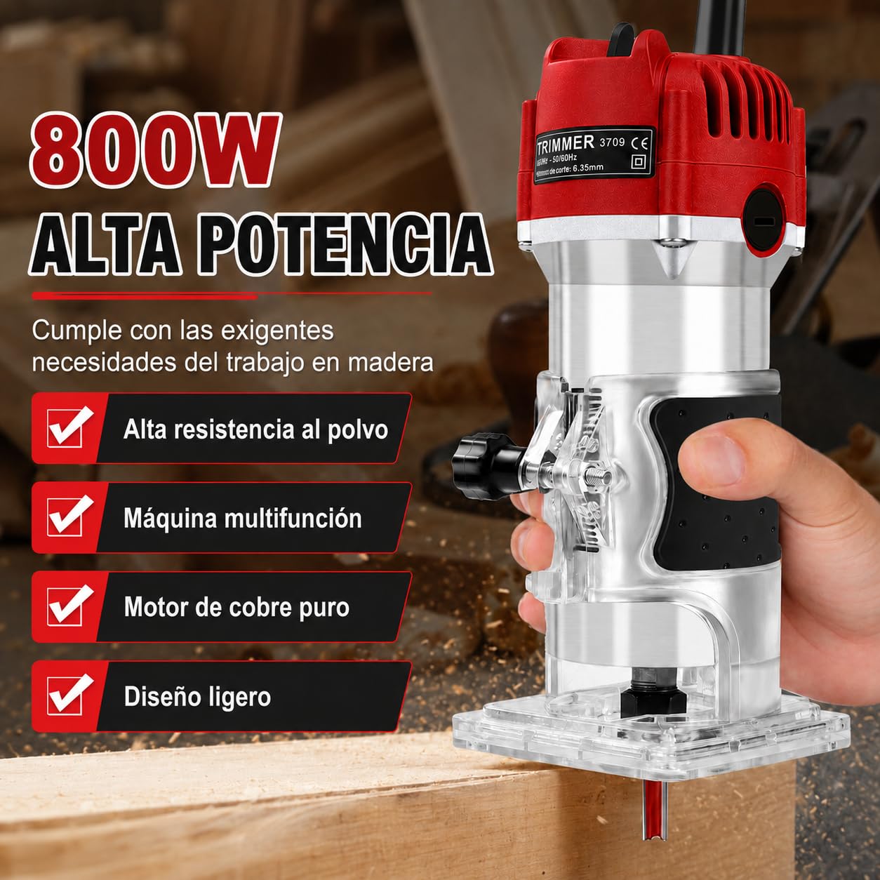 Fresadora Para Madera Compacta, 800W 30000RPM Fresadora De Mano Portátil, 6,35 mm Rebajadora Eléctrica con Guía Lateral y Guía Recta, para Ranuras, Cantos y Perfiles