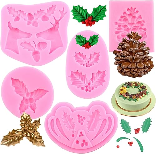 Mujiang Molde de silicona con diseño de hojas de acebo de Navidad molde de fondant de pino para Navidad Año Nuevo fiesta decoración de pasteles