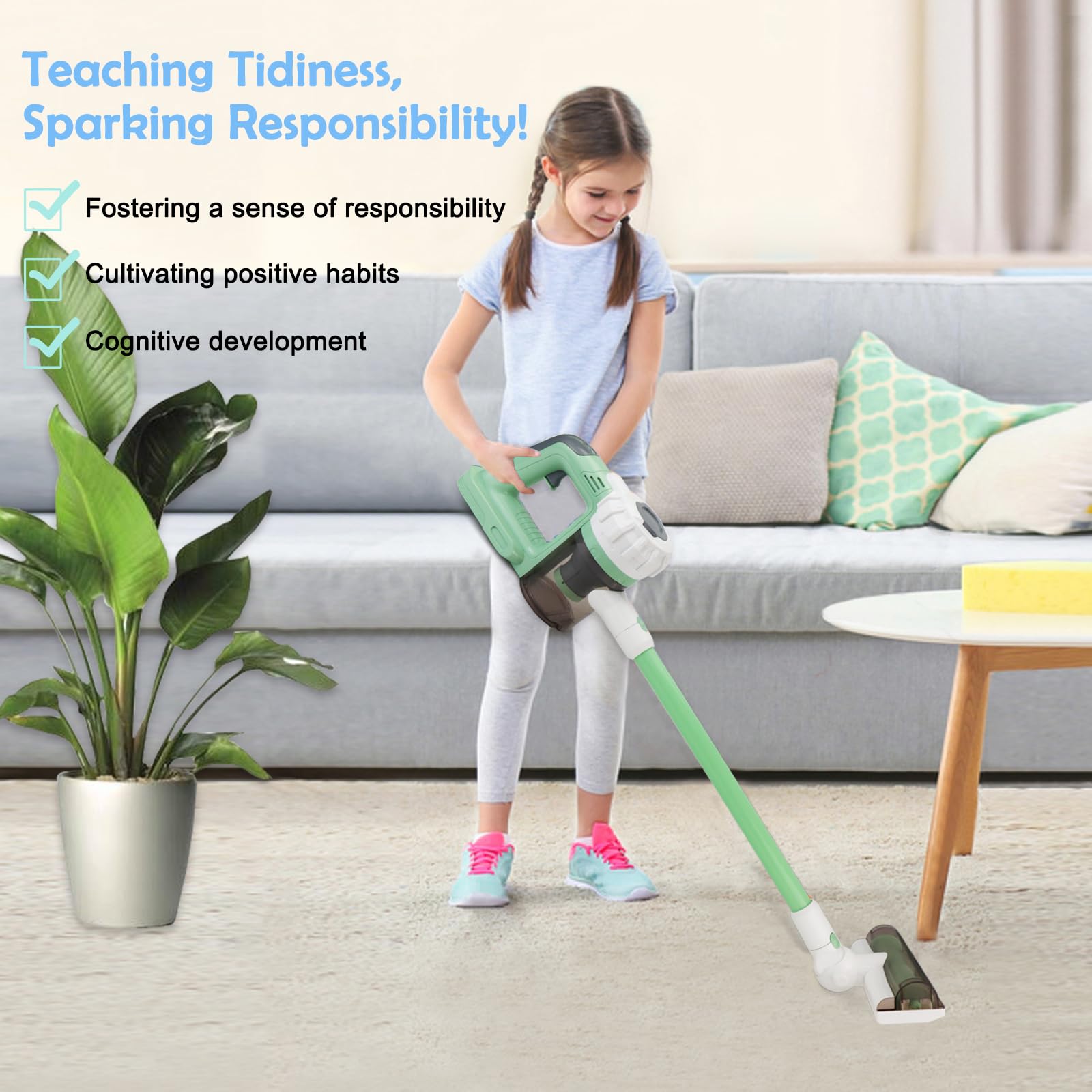 Aspiradora para niños que realmente funciona, juego de limpieza de 9 piezas para niños mayores de 3 años para niños pequeños, limpiador de juguetes, escoba y recogedor, cepillos para frotar 5