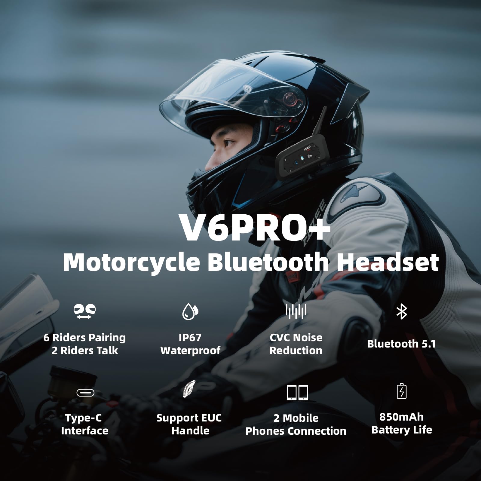 EJEAS V6 Pro + Casque Bluetooth pour Casque de Moto, Version améliorée V6 Pro, équipé d'une Interface de Type C (Lot de 1)