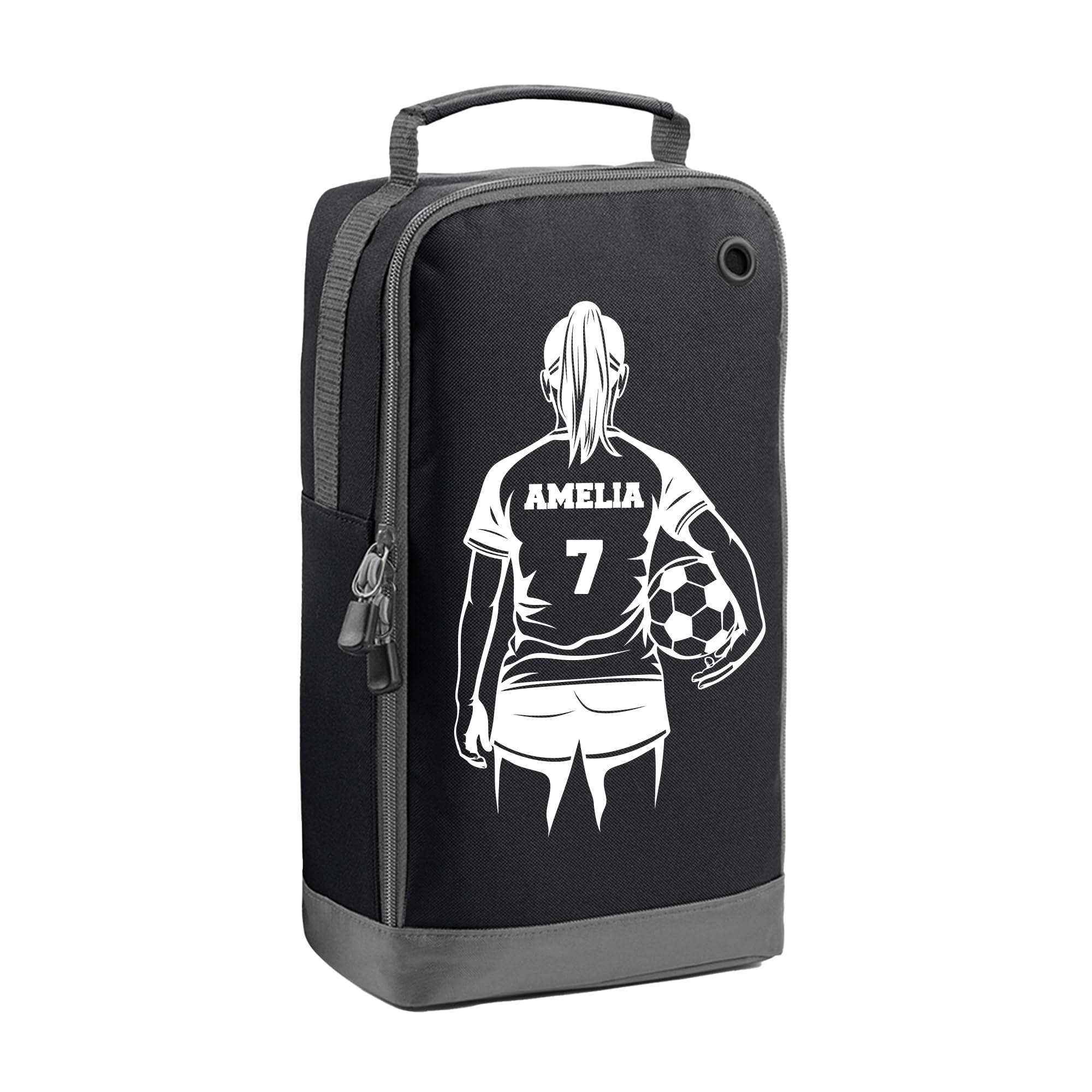Personalised Kids Boot Bag with Custom Name - Girl Shirt + Number Design - Black Shoe Bag for PE & School