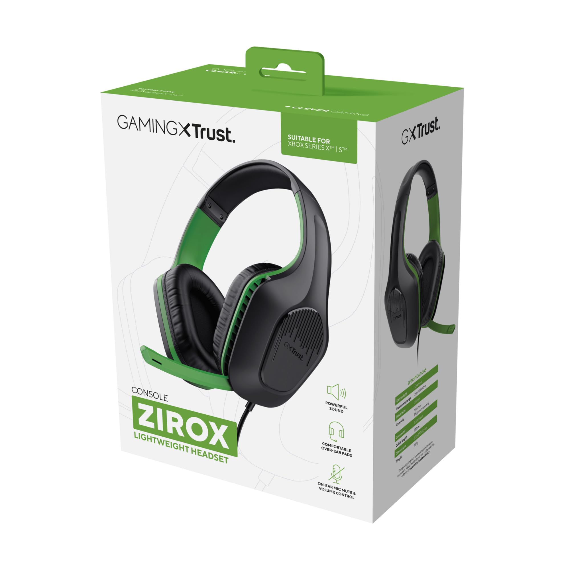 Trust Gaming GXT 415X Zirox Lekkie słuchawki do gier Xbox Series X/S z przetwornikiem 50 mm, gniazdo audio 3,5 mm, kabel 1,2 m, regulowany pałąk, słuchawki z mikrofonem nausznym - czarny/zielony | Przetworniki 50 mm, jack audio 3,5 mm, kabel 1,2 m, przewo