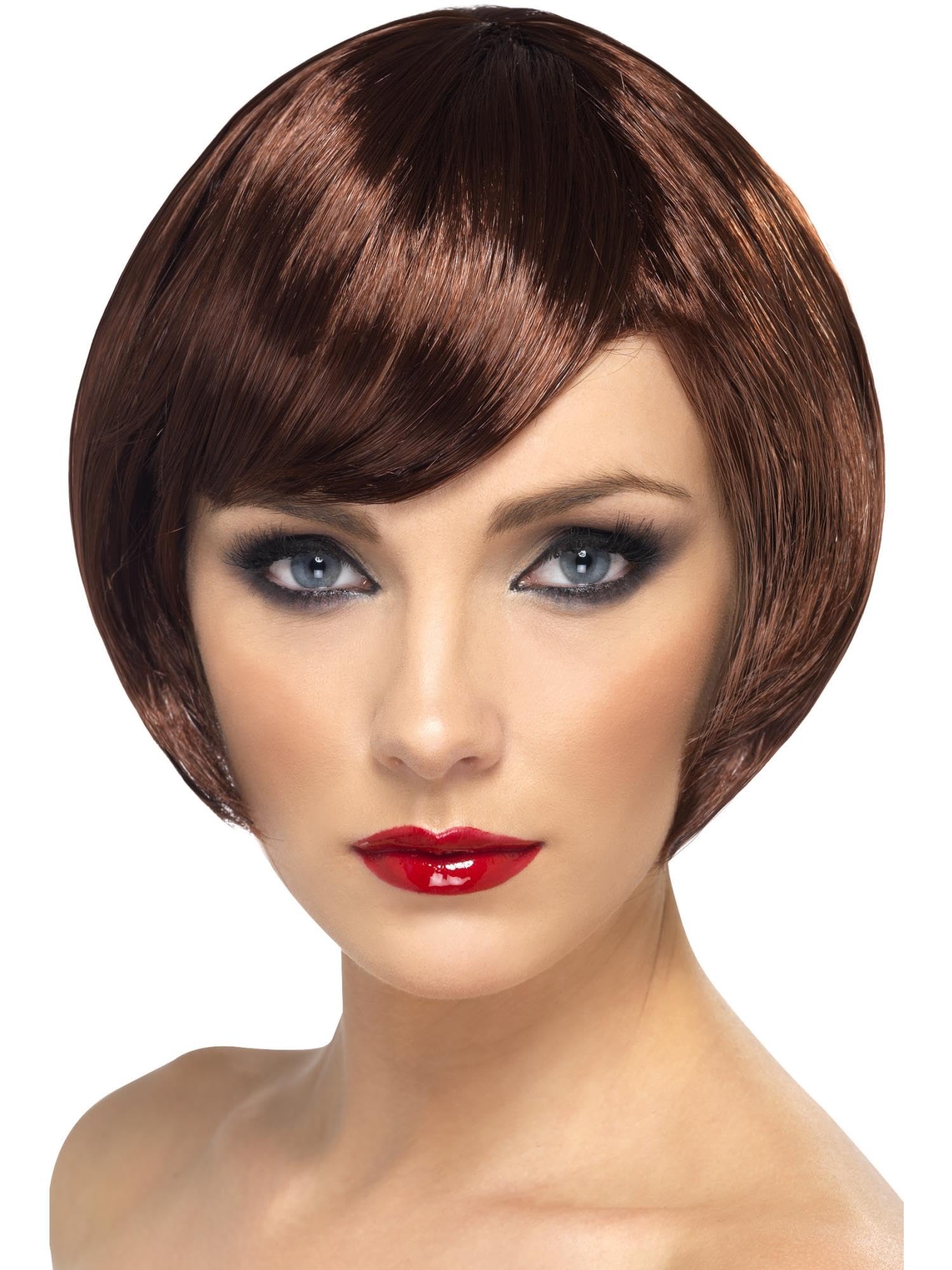 Smiffys Babe Wig, Brown Short Bob with Fringe, Ladies Glamour Wigs Fancy Dress, Adult Dress Up Wigs
