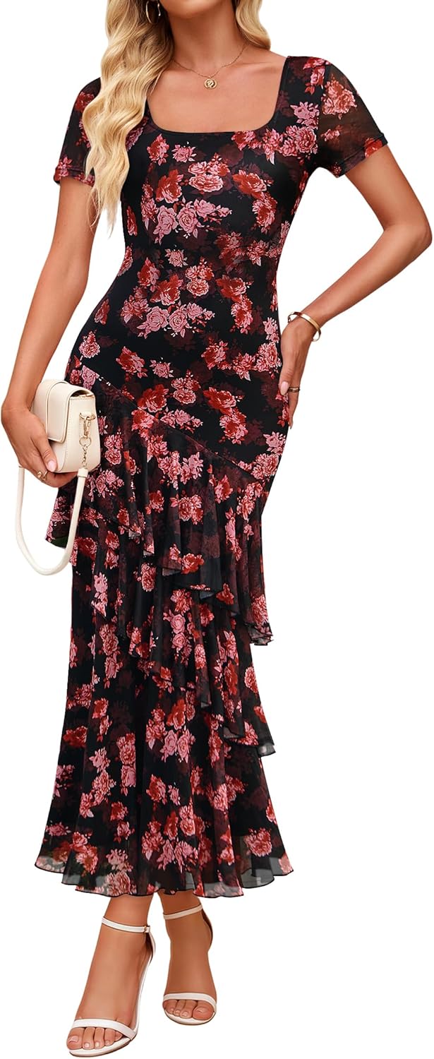 ZESICA Women's Summer Floral Bodycon Maxi Dress 2026 Square Neck Mesh Ruffle Elegant Cocktail Wedding Party Long Dresses