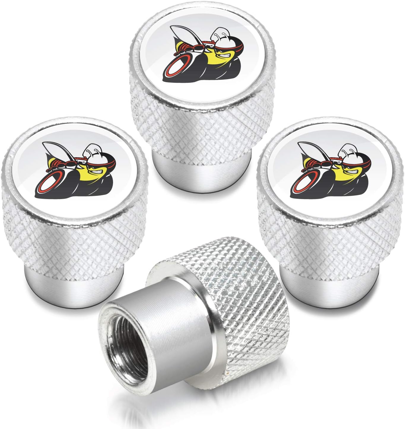 iPick Image for Dodge Scat-Pack in White on Shining Silver Aluminum Tire Valve Stem Caps