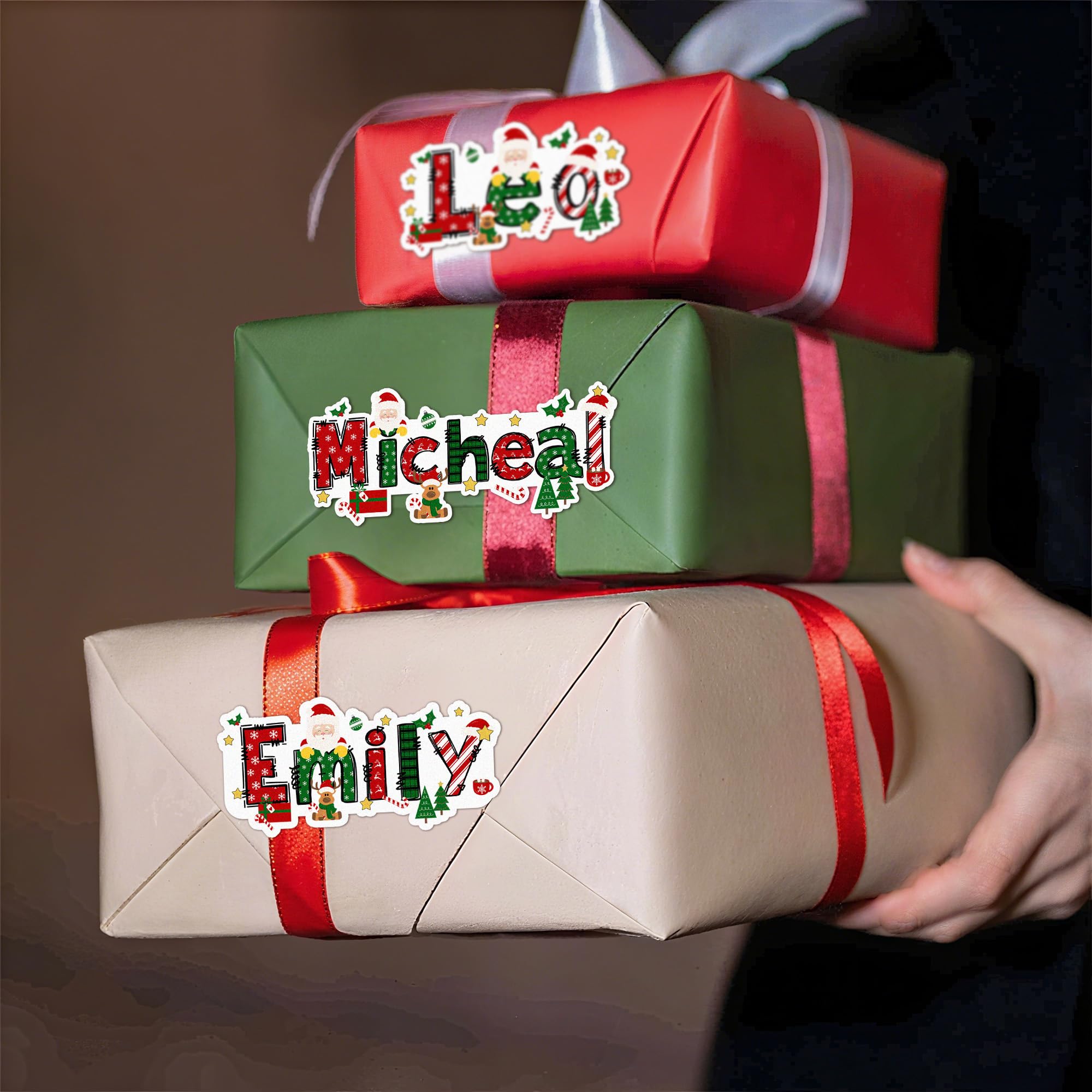 GSTFY Personalised Name Christmas Stickers Santa Claus Elk Design Custom Merry Christmas Sticker Labels for Presents Envelopes Cards Gifts Box Xmas Decor 28 Pcs