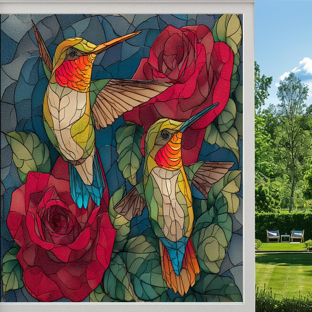 Retro Hummingbird Frosted Window Film, Colorful Roses Plants Stained Glass Privacy Film, Heat Insulation Self-Adhesive Vinyl for Bathroom Office, （90x160cm）