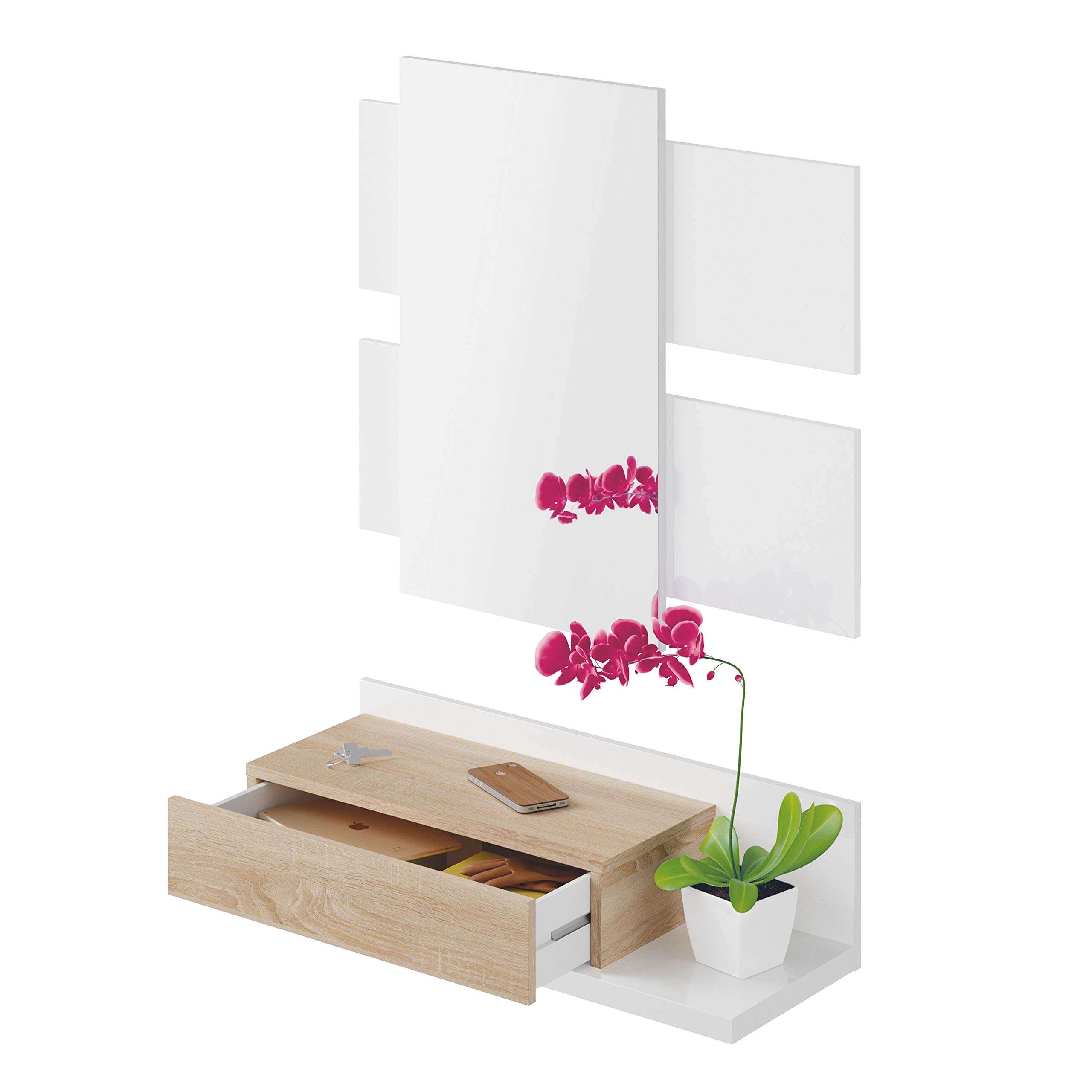 Habitdesign Mueble de Salon Moderno, Modulos de Comedor, Modelo Alida & Recibidor con cajón y Espejo, Mueble de Entrada, Modelo Tekkan, Acabado en Blanco Artik
