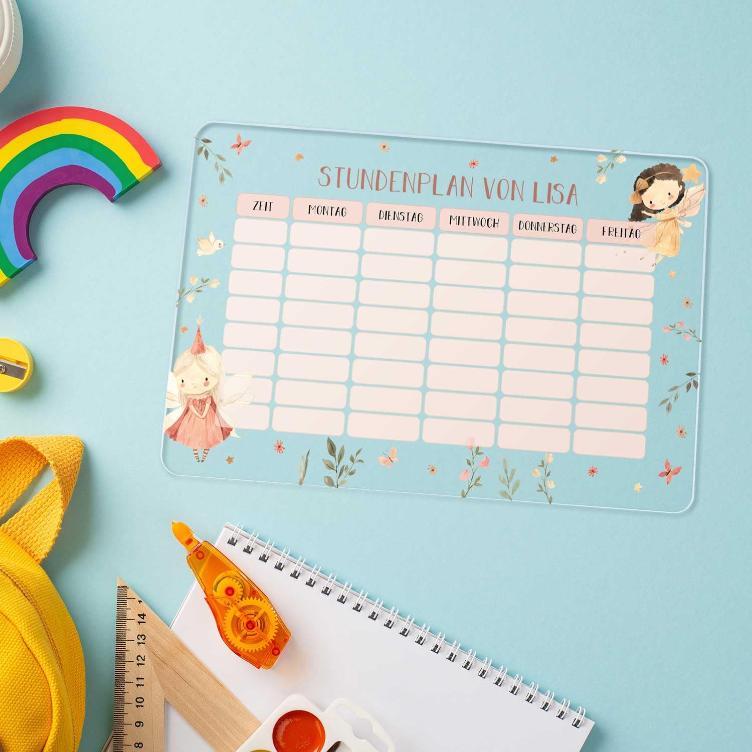 GRAVURZEILE Personalisierter Stundenplan - Fee mit Namen - Abwischbarer Wochenplaner für Kinder inkl. Stift - Geschenk für die Schultüte zum Schulanfang Einschulung - Farbe: Fee