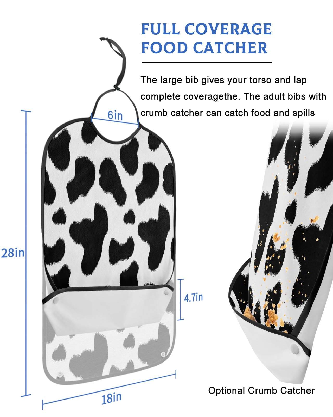 YOUNGKIDS Black Cowhide Cow Adult Bibs for Eating, Waterproof Washable Adult Bib for Elderly Women Man, Skin Look Reusable Clothing Protector with Detachable Crumb Catcher - Unisex