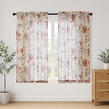 Lecloud Crushed Sheer Curtains 45 Inch Length 2 Panels, Light Filtering Printed Textured Window Curtains, Rod Pocket Romantic Semi Sheer Curtain for Bedroom Dining Room, 42" W x 45" L