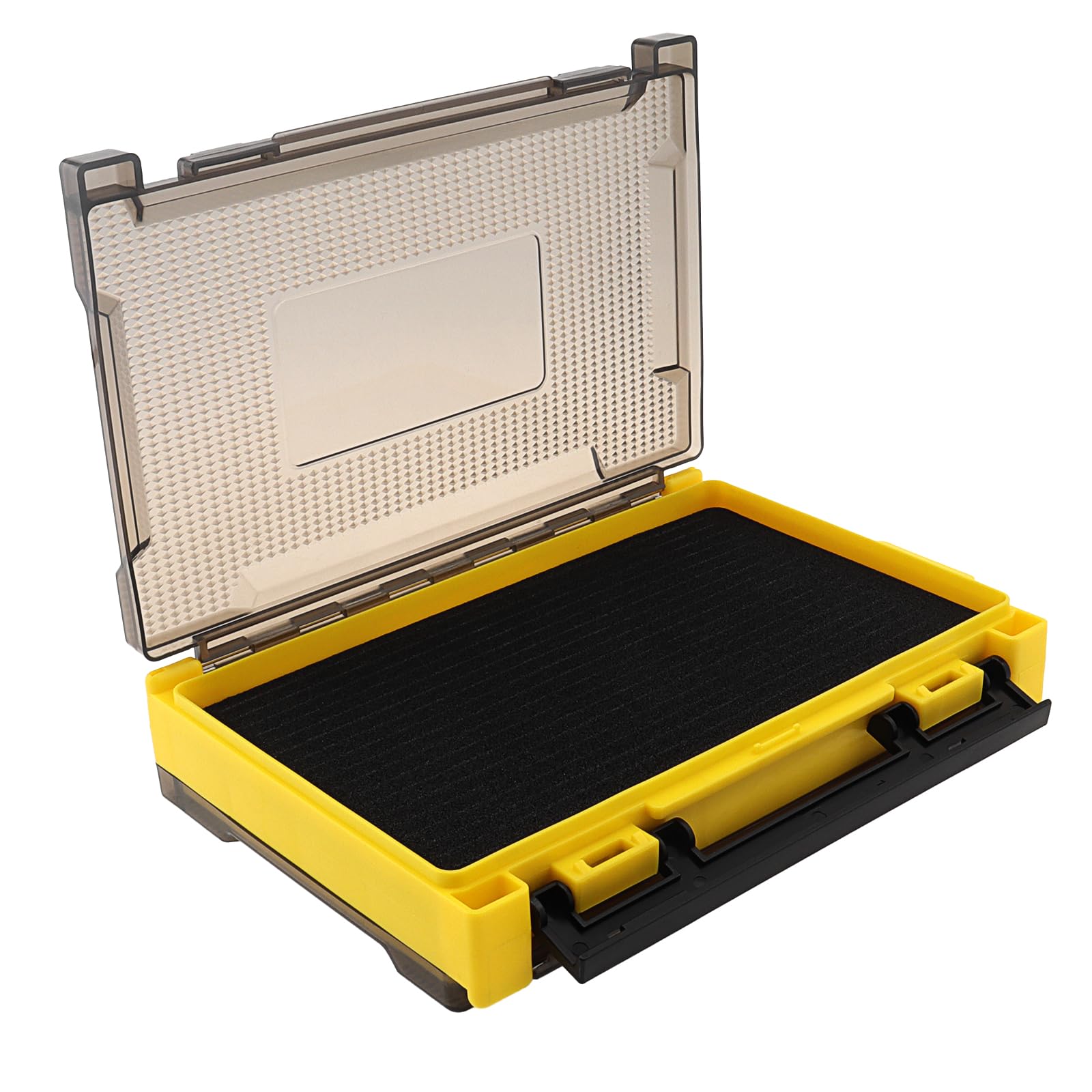 Caja organizadora doble cara para accesorios de pesca, 20,5 x 14,5 x 4,5 cm, con compartimentos y ranuras de esponja, translúcida y resistente al agua