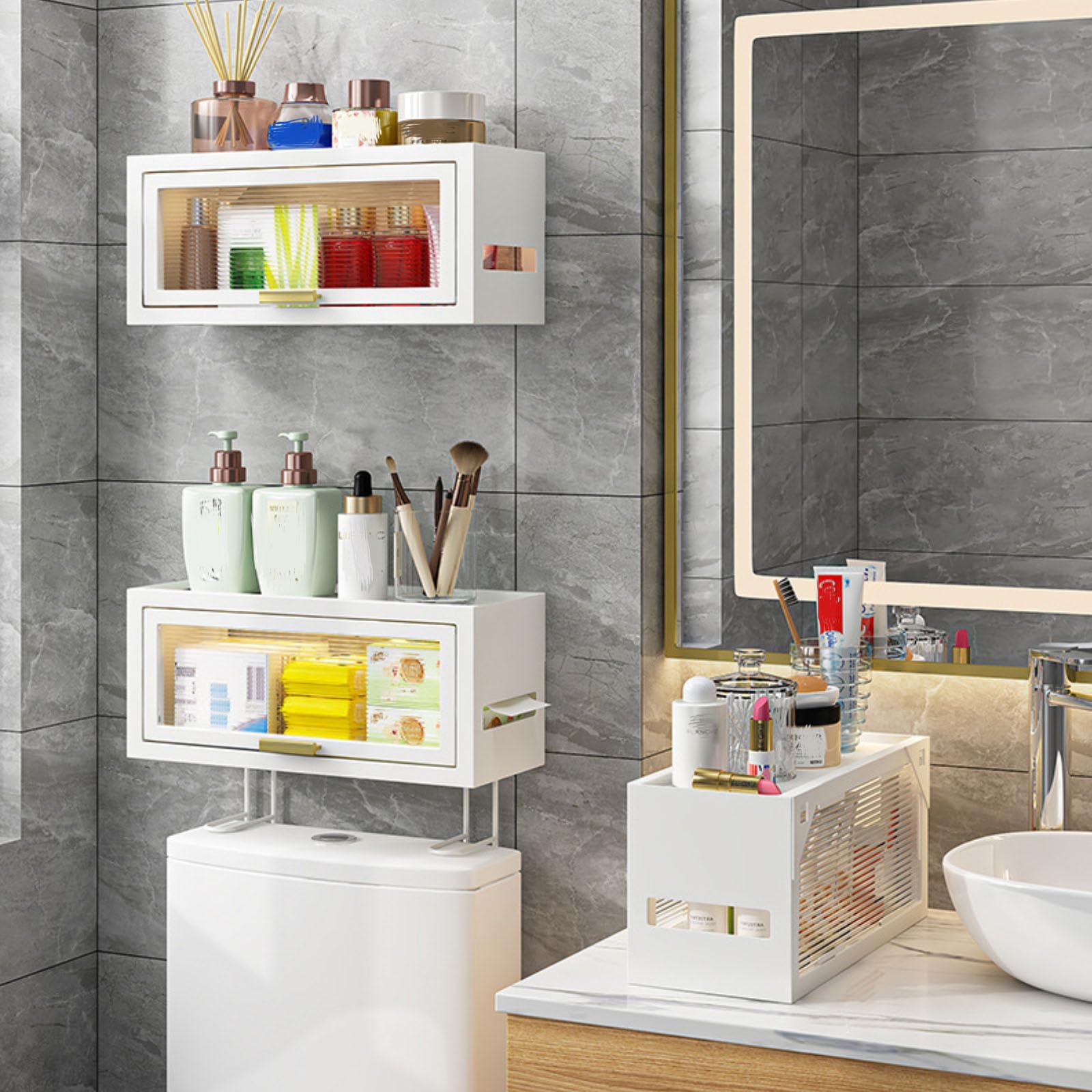 Estante De Almacenamiento sobre El Inodoro con Puertas, Gabinete De Pared Pequeño, Estantes Flotantes Montados En La Pared, Casillero Cosmético para Baño Y Cocina,Blanca,Hanging