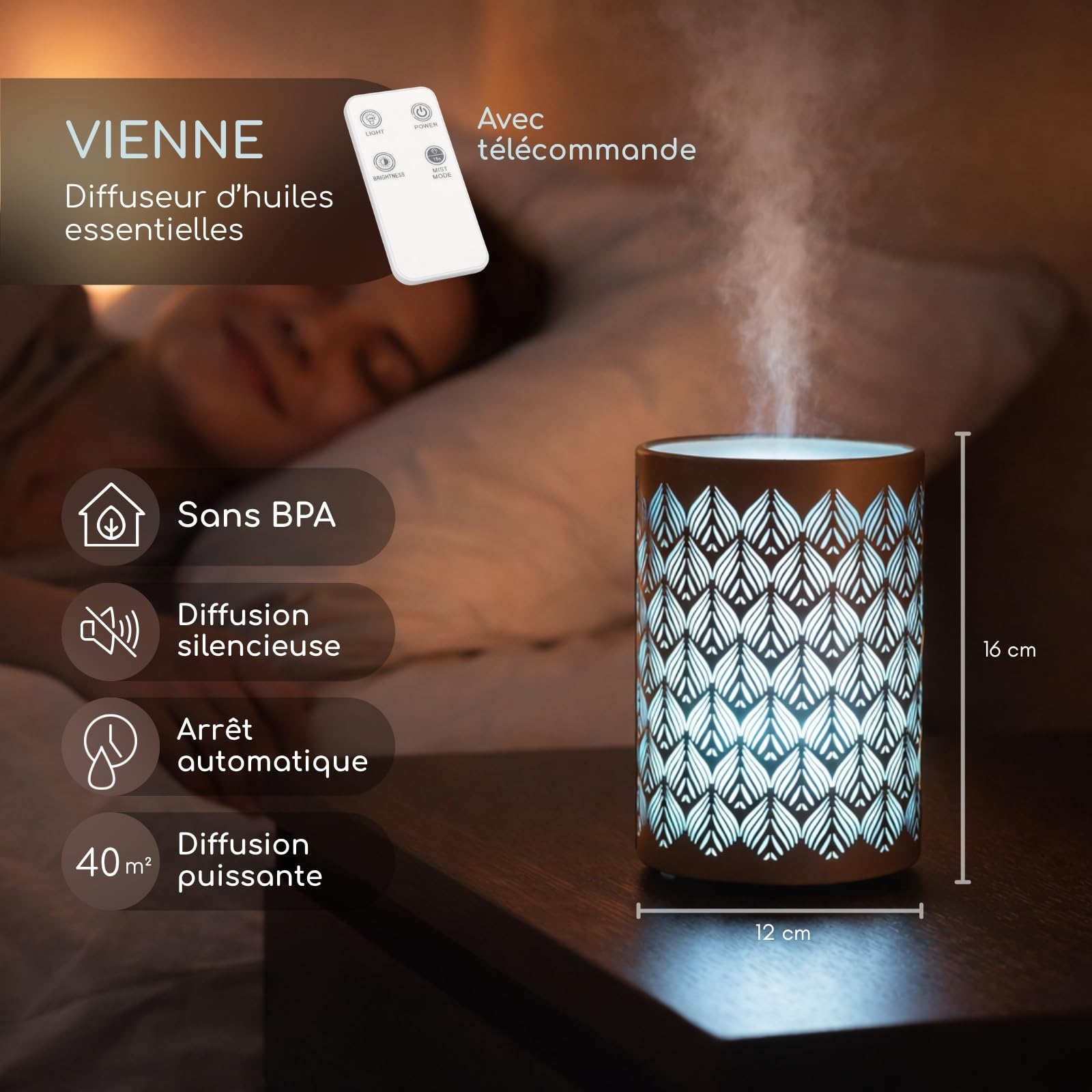 Zen’Arôme Diffuseur Huile Essentielle Vienne – Diffusion Ultrasonique Multifonction Aromathérapie à Froid – Parfum Maison - Télécommande et Éclairage LED Coloré – Métal et Verre