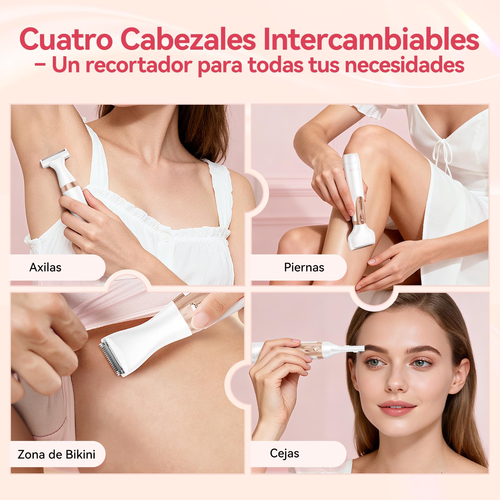 4 en 1 Afeitadora Eléctrica para Mujer, ANLAN Depiladora facial mujer, IPX6 carga rápida Type-C, luz LED, para rostro, cuerpo, cejas, zona del bikini y zonas íntimas