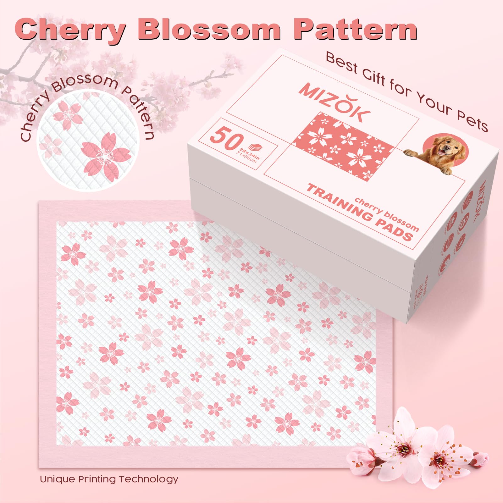 MIZOK Puppy Pads 22"x 22" with Leak-Proof Quick-Dry Design Pee Pads for Dogs Potty Training, 6-Layer Standard Absorbency Dog Pee Pads Regular Size, Pink Cherry Blossom Pattern (50 Counts): 28x34in | 50Ct-Pink