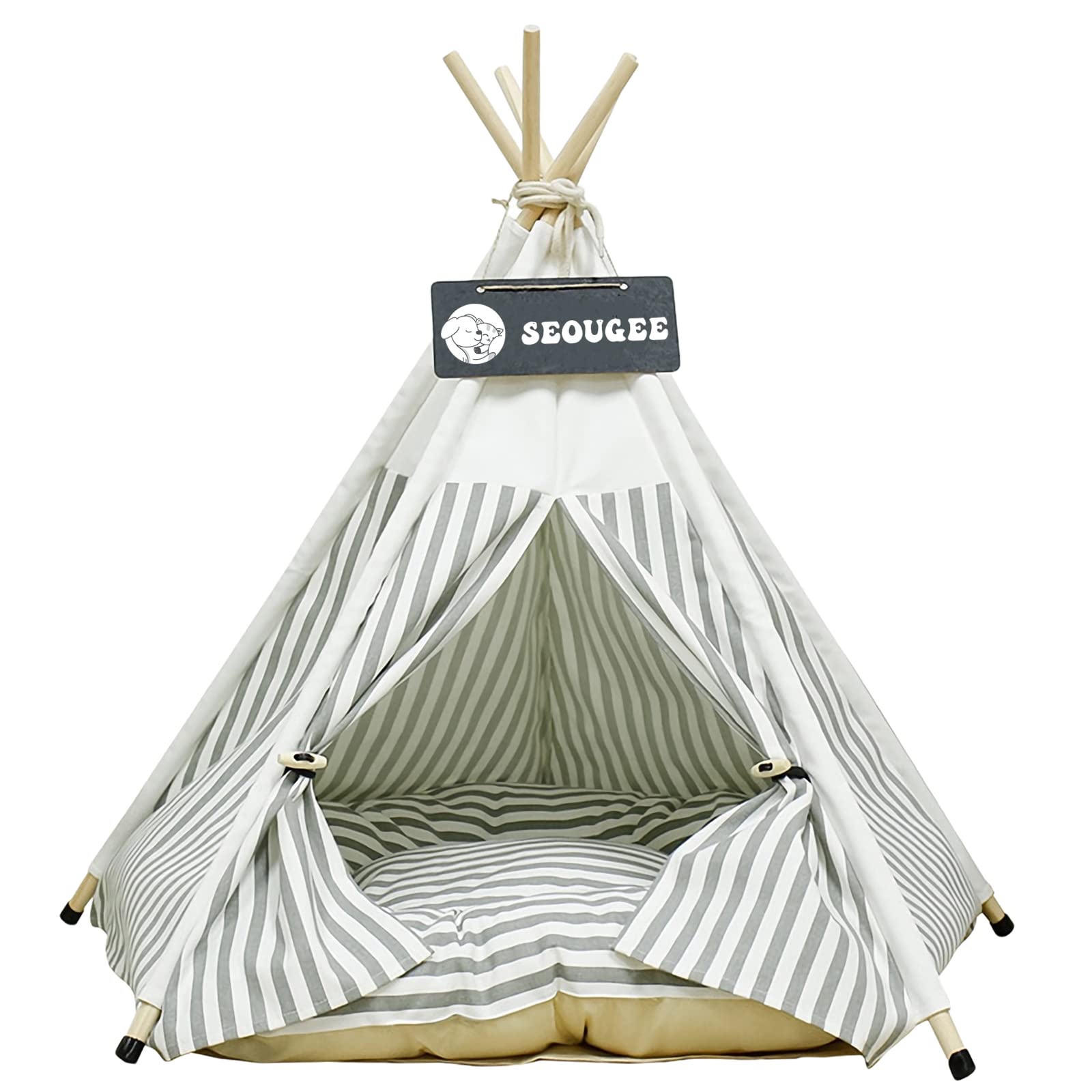 SEOUGEE Pets Teepee Tent for Dogs and Cats Washable and Removable Cotton Canvas Dog Bed and Cat House with Cushion Indoor and Outdoor Pet Kennel and Play House Portable and Stylish Tipi Design