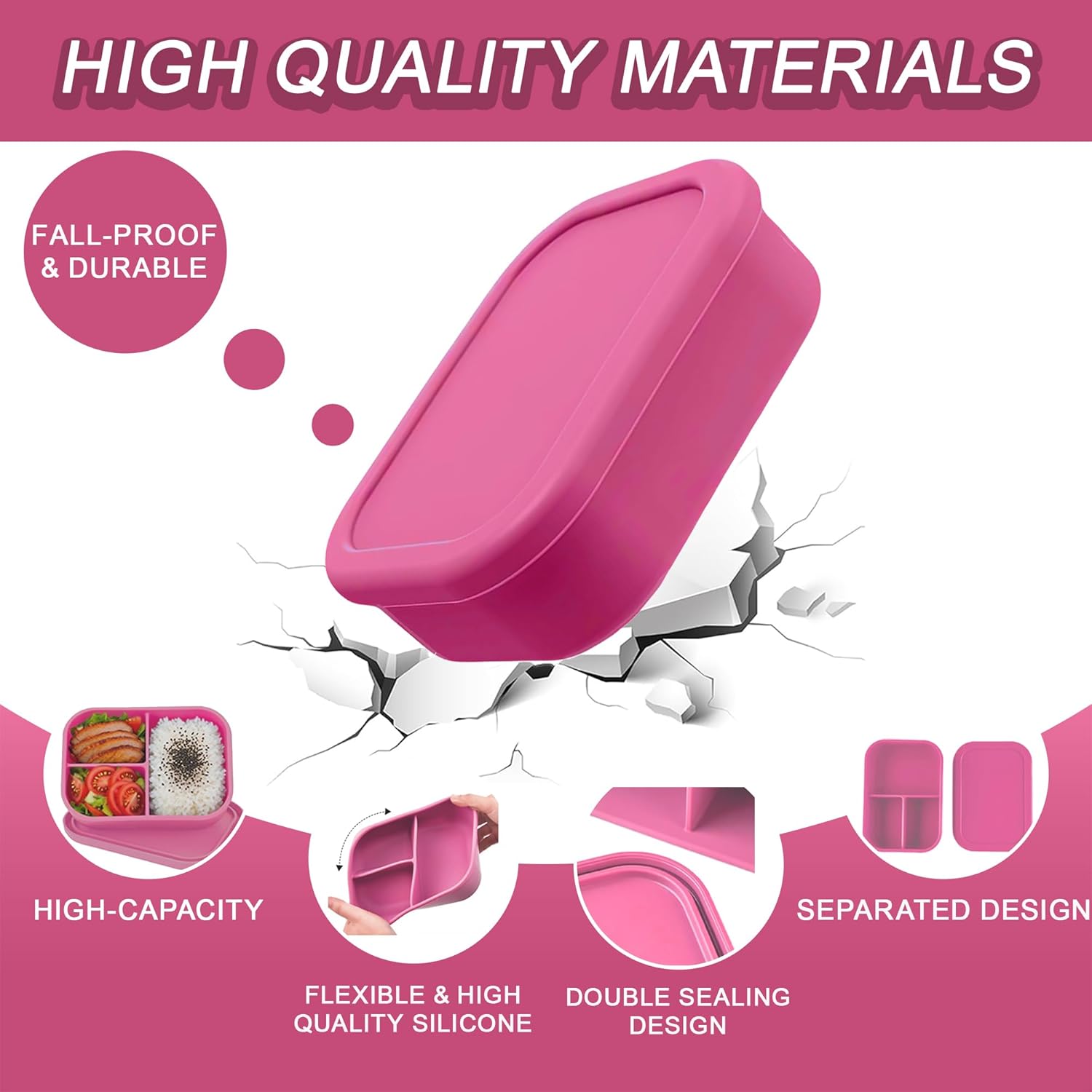 Silicone Adult Bento Box, 3 Compartment Leakproof Silicone Lunch Container, Lunch Box for Men and Women, BPA-Free, Microwave/Dishwasher/Freezer Safe, Reusable Snack Containers (3PCS-Pink)