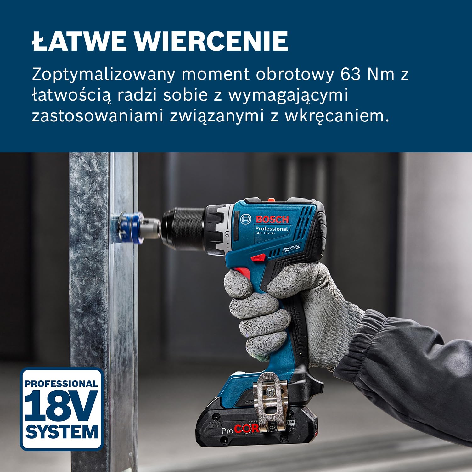 Bosch Professional 18 V firmy Bosch: wiertarko-wkrętarka akumulatorowa GSR 18V-65 (silnik bezszczotkowy, długość korpus 166 mm)
