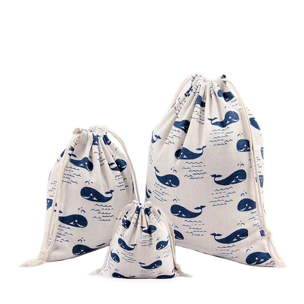 Amoyie Cotton Drawstring Bag 3pcs, Kids Storage Bag, Fabric Organiser Pouch