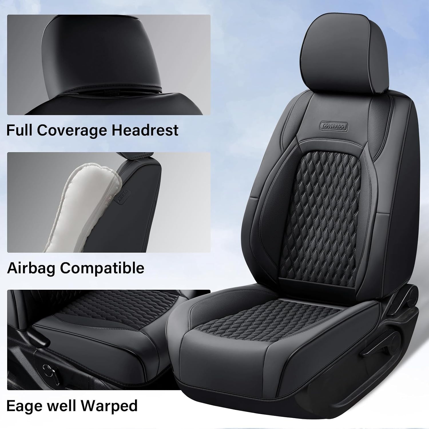 Coverado Custom Fit Seat Covers Full Set for Chevy Silverado/GMC Sierra 2007-2013&2019-2025 1500, 2020-2025 2500HD 3500HD Crew/Double/Extended Cab – Faux Waterproof Leather (Black)