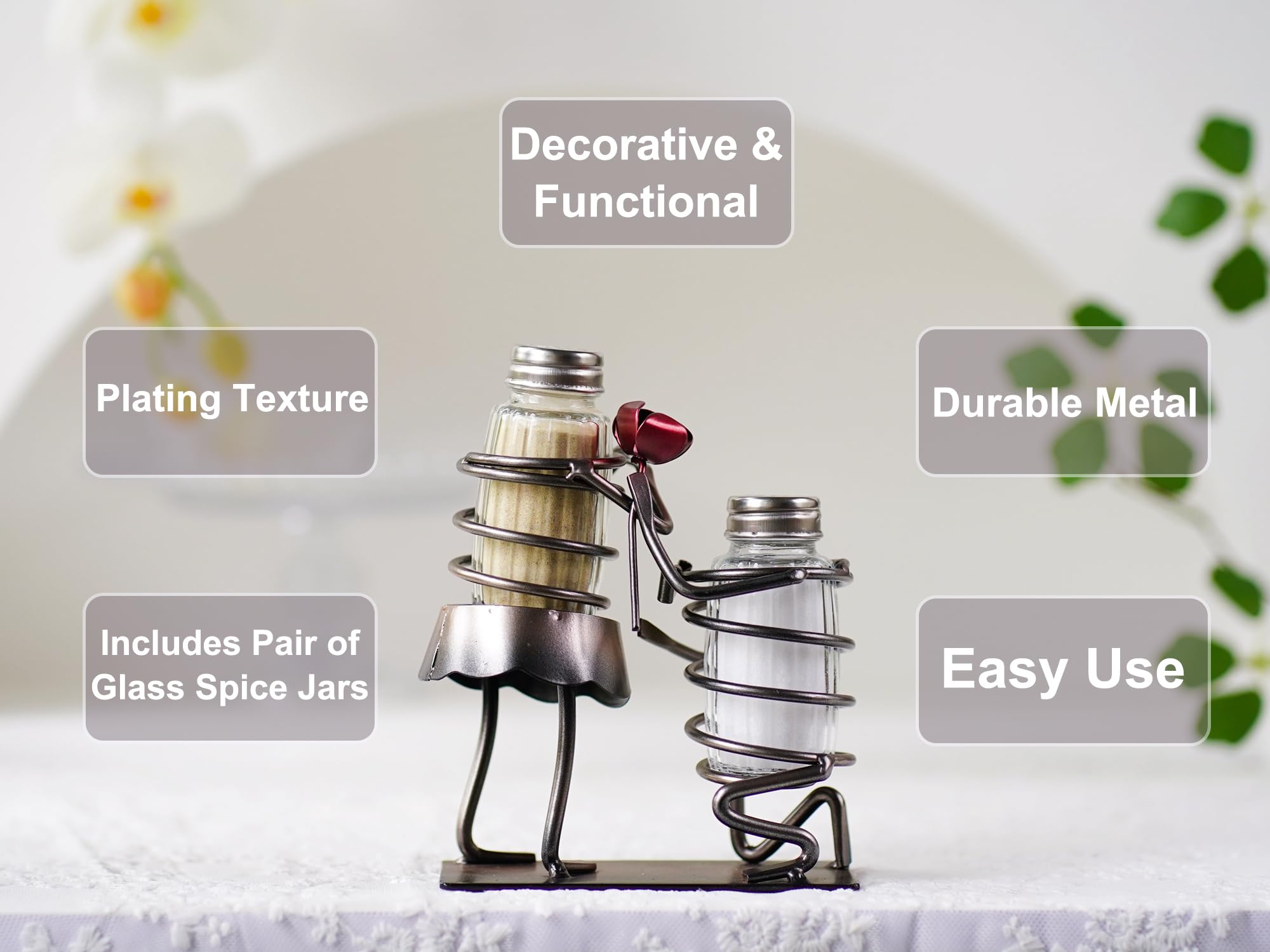 Divertido juego de salero y pimentero, dos cocteleros de cristal con tapas, soporte para amantes de las rosas para especias y condimentos, para cocina, comedor o decoración de mesa (amantes de