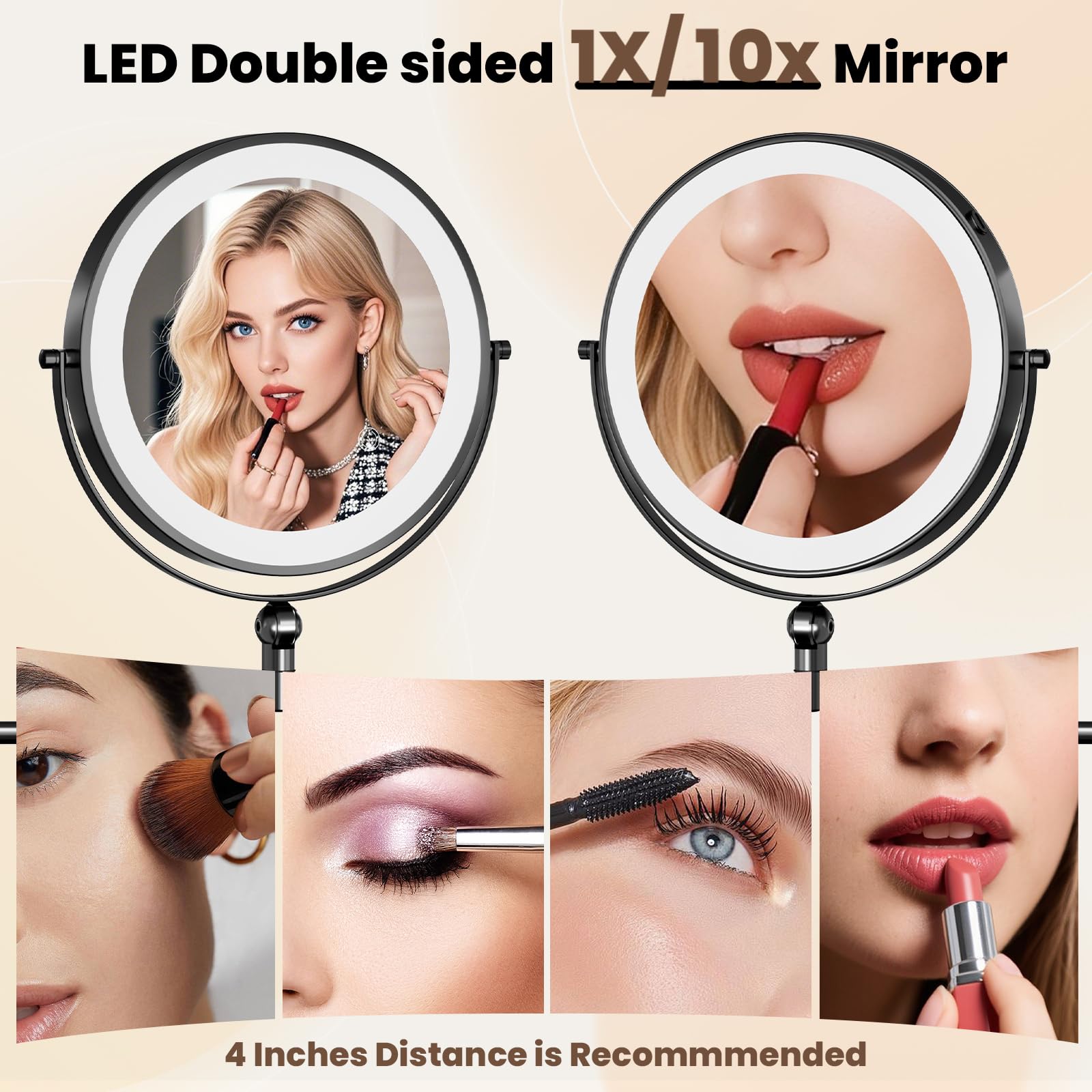 Espejo iluminado de maquillaje montado en la pared de 9 pulgadas, recargable de 4000 mAh, espejo de tocador LED de doble cara con altura ajustable y aumento de 1X/10X, 3 luces de color, pantalla