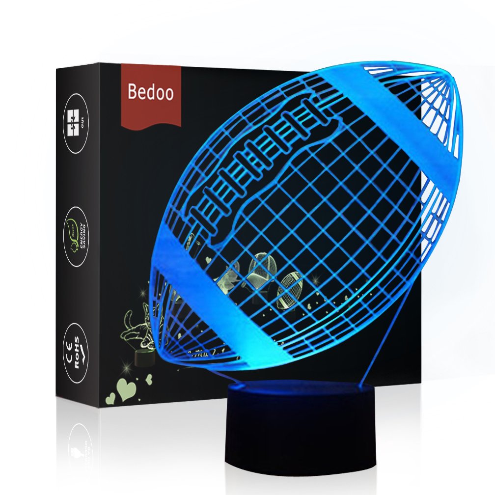 Bedoo LED Night Lights 3D Illusion Bedside Table Lamp 7 Colours Changing Sleeping Lighting with Smart Touch Button Cute Gift Warming Present Creative Decoration Ideal Art and Crafts (Rugby)