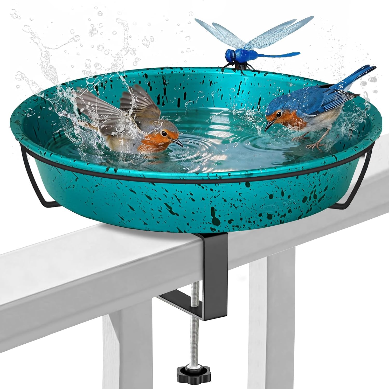 Deck Mounted Bird Bath for Outside, Balcony Railing Metal Birdbath with Adjustable Sturdy Clamp, Outdoor Bird Feeder for Garden Patio Lawn Yard Decoration, Gift for Bird Lover (Lake Blue)