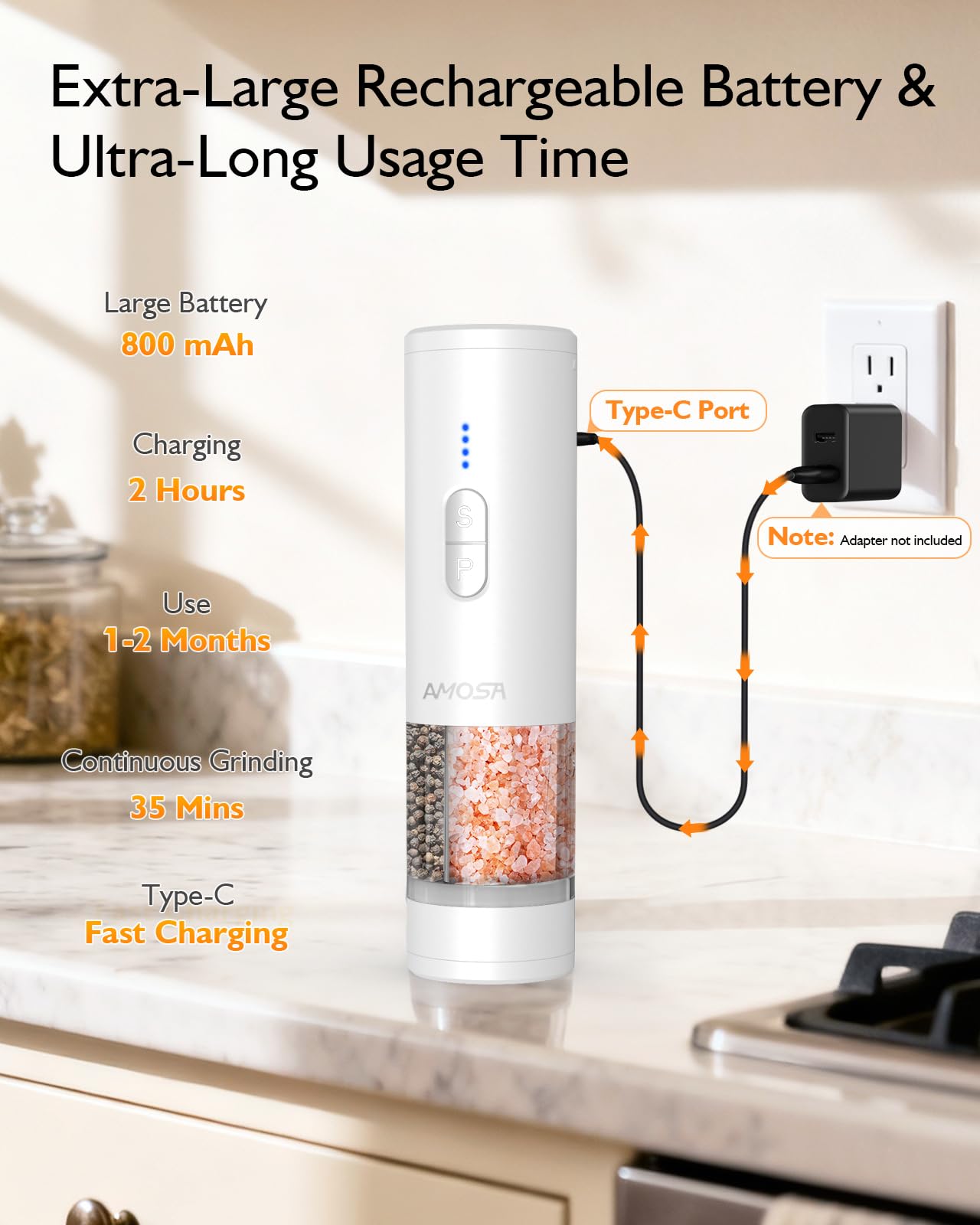 AMOSA Moulin à Poivre Électrique 2 en 1 Double Réservoir, Double Meule en Céramique USB Rechargeable avec Lumière LED Blanc