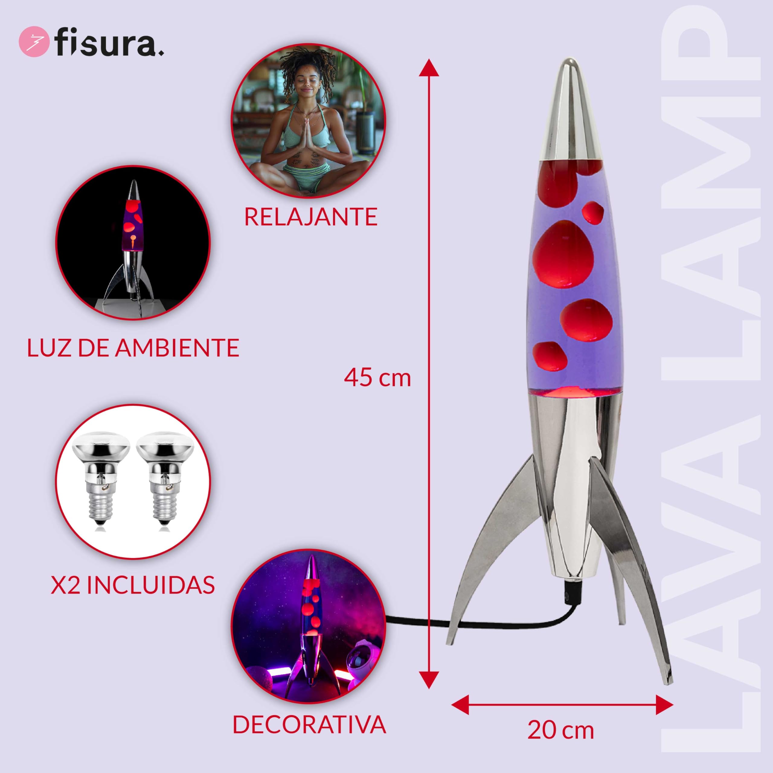 Fisura - Lámpara de lava azul “rocket”. Base blanca, líquido azul y lava blanca. Lámpara de lava retro con bombilla de repuesto. 20 cm x 20 cm x 45 cm. (Rocket, morada y roja)