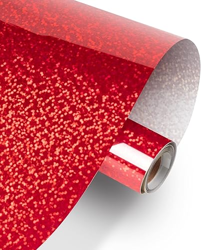 HTVRONT Vinilo permanente holográfico con purpurina para Cricut, 12 pulgadas x 10 pies, vinilo adhesivo permanente rojo brillante, fácil de