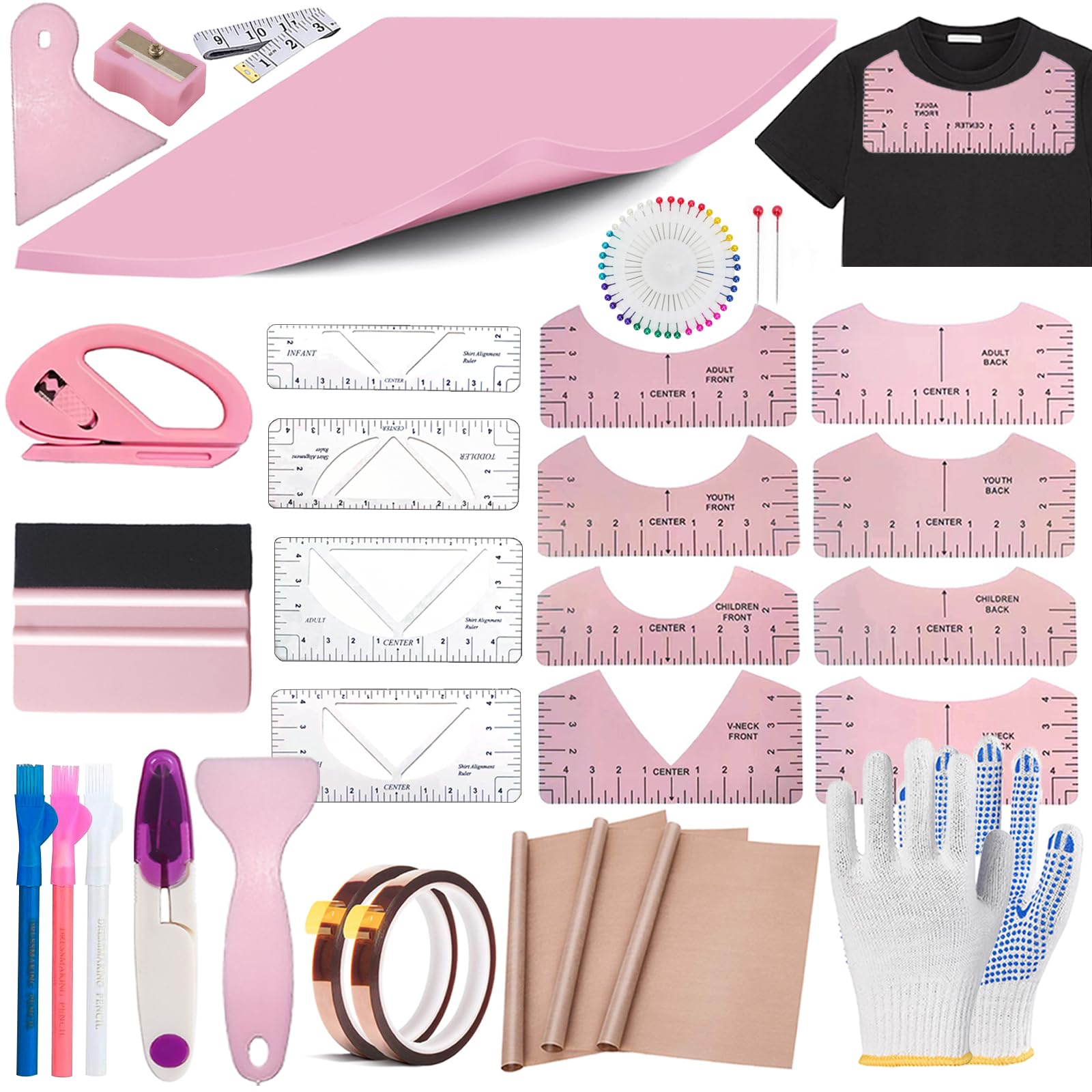 Tapis de presse à chaud et guide règle T-shirt pour kit outils sublimation vinyle HTV 67 pièces