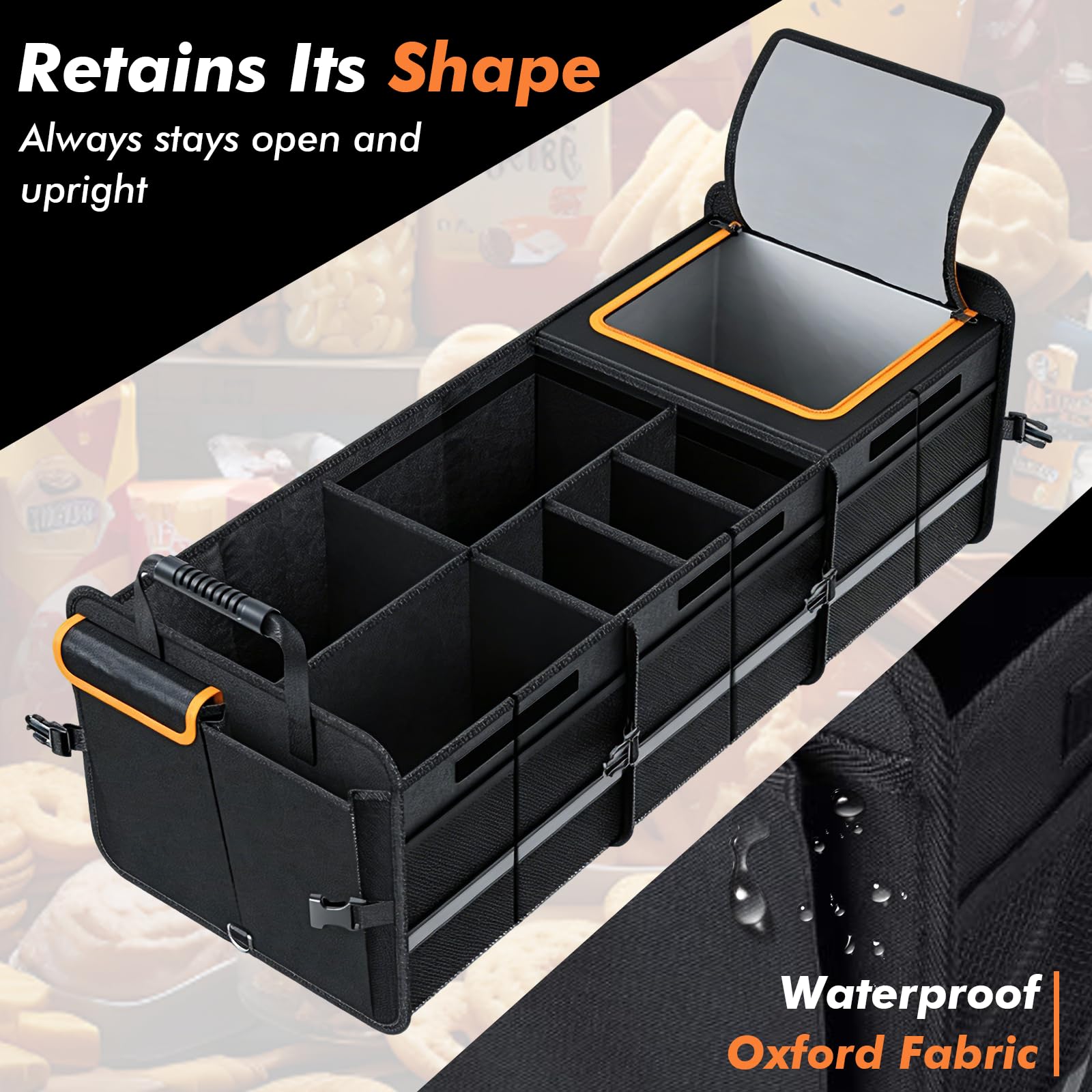 Organizador de maletero XXL con tapa, 126 L, plegable con bolsa térmica de 24 L, caja para maletero reforzada y antideslizante, 6 compartimentos para coche, SUV, autocaravana, camping, 89 x