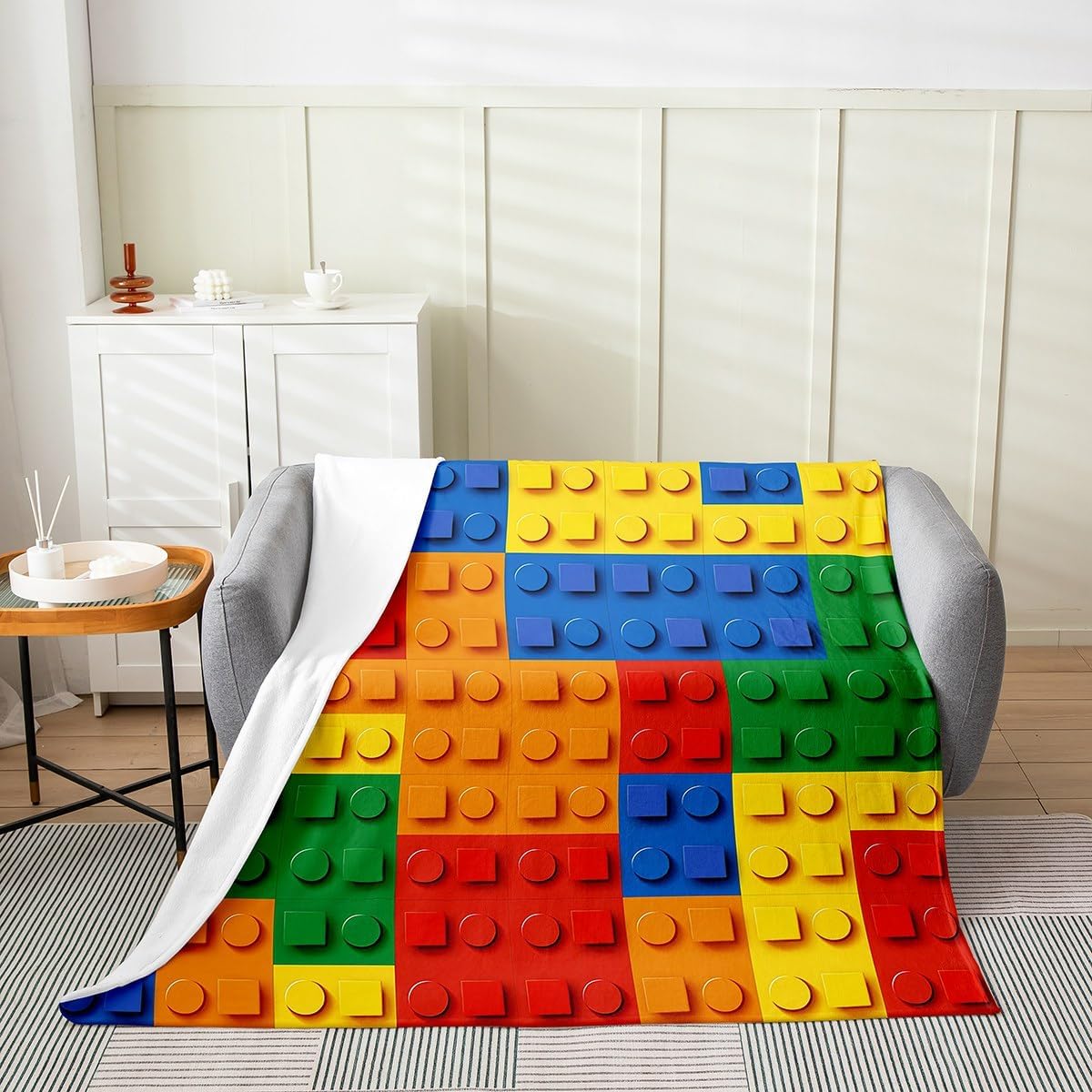 Erosebridal 3D Building Blocks Fleece Blanket Twin 60"X80" - Ultra-Soft for Couch Sofa Bed,Construction Flannel Blanket,Colorful Rainbow Bricks Fuzzy Plush Throw for Bedroom,Gaming Room Decor