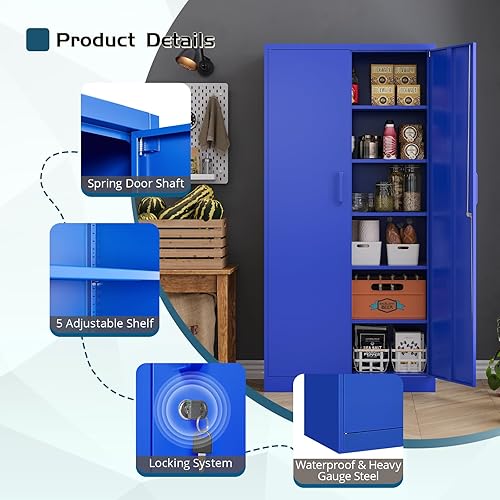 Miniatura 5 de MIIIKO Armario de almacenamiento de metal con puertas de bloqueo, gabinete de acero azul de 72 pulgadas de alto con 5 estantes ajustables, gabinete