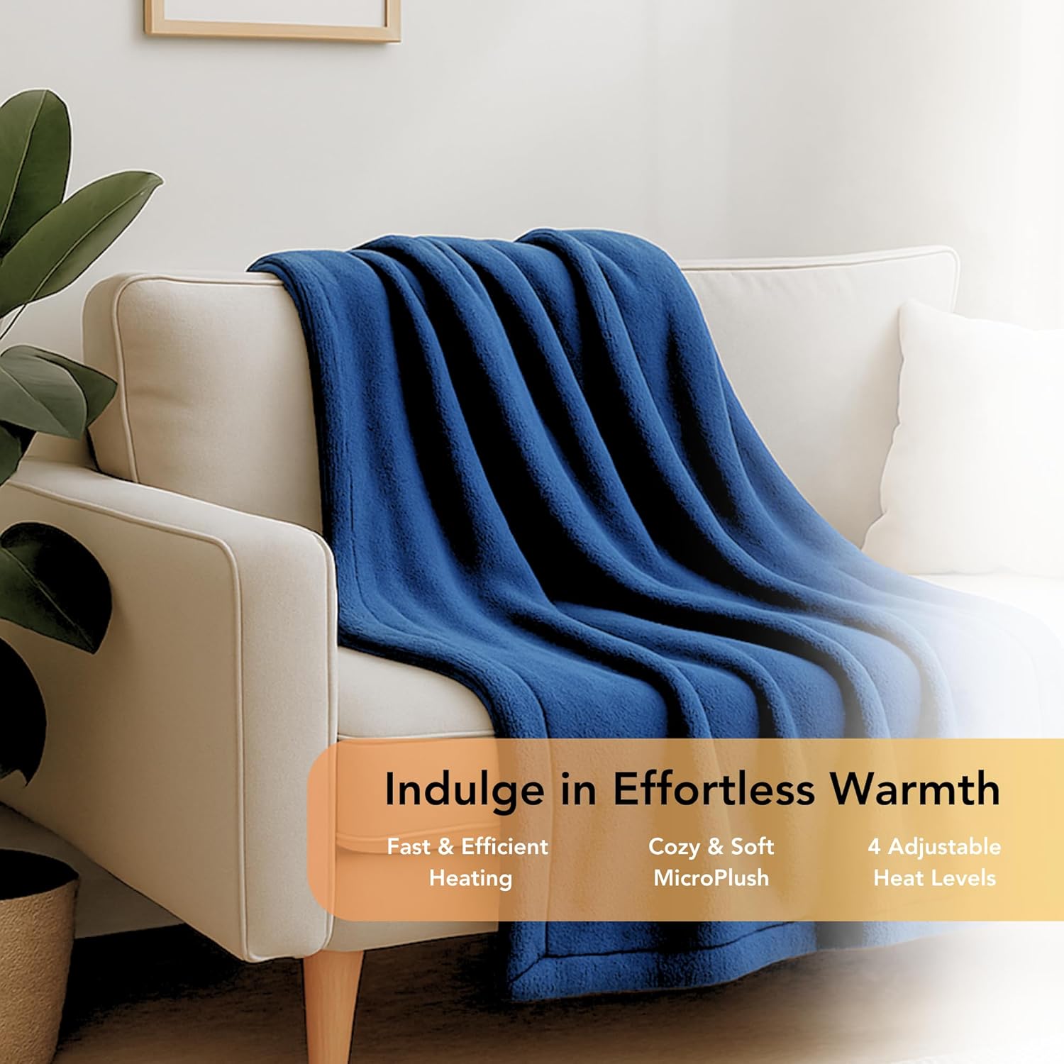 Comfort Zone Heated Blanket Electric Throw, Solid Pattern, Micro Plush Electric Blanket, Heating Blanket with 4 Heating Levels, 3H Timer, Auto Shutoff, Fast Heating (50x60 inches, Navy) - Image 3