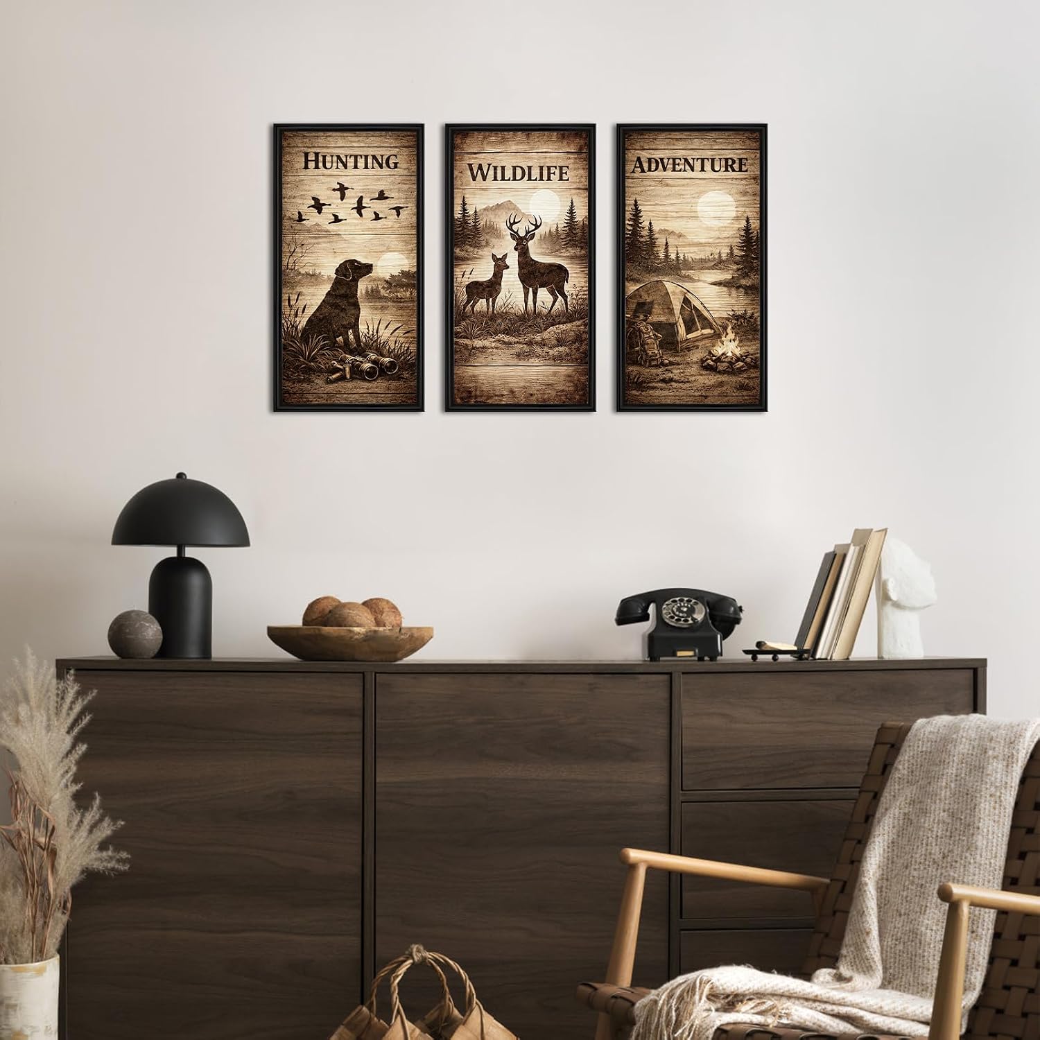 OuElegent Cabin Wall Decor Rustic Lodge Wall Art Hunting Canvas Prints Vintage Wildlife Framed Prints with Deer, Dog, Canoe Scenes 8"x16"x3pcs