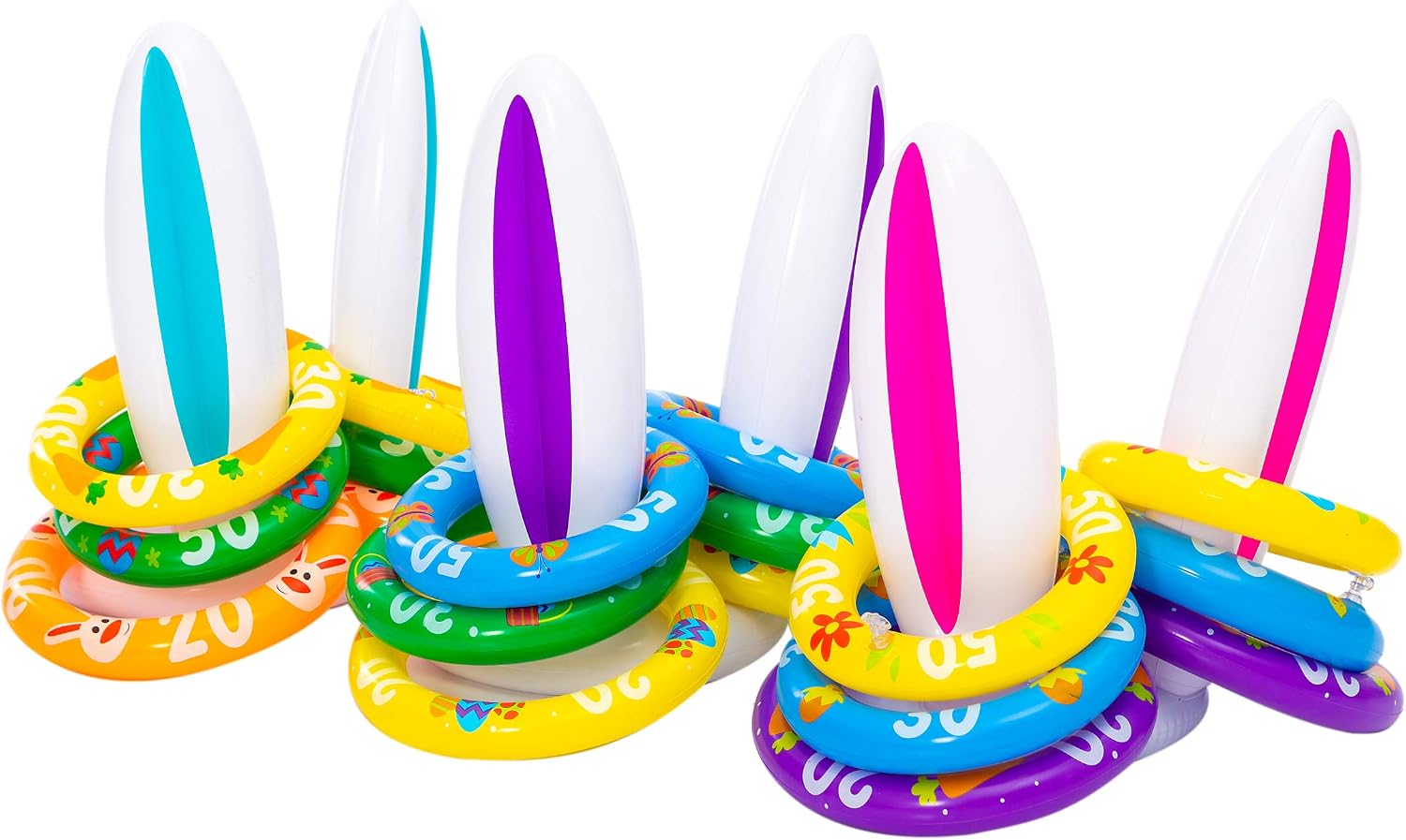 JOYIN Inflatable Bunny Ear Ring Toss Game (3 Sets & 18 Rings), Blue, Pink, and Purple Rabbit Ears and Colorful Rings for Inflatable Toss Game, Indoor and Outdoor Game for Easter Party Supplies…