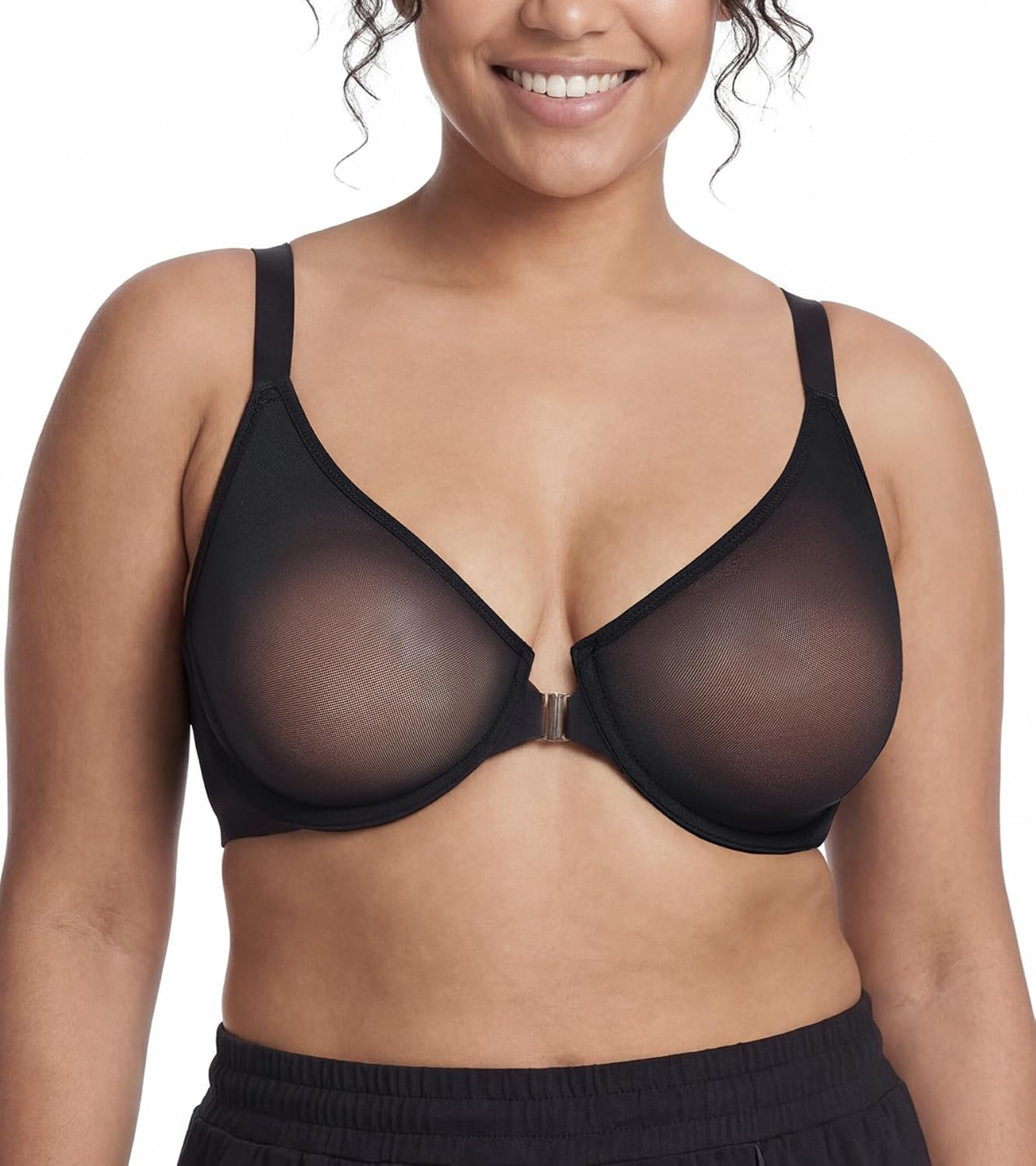 Front Closure Deep V Underwire Mesh Bra for Women X-Back Posture Everyday Bra