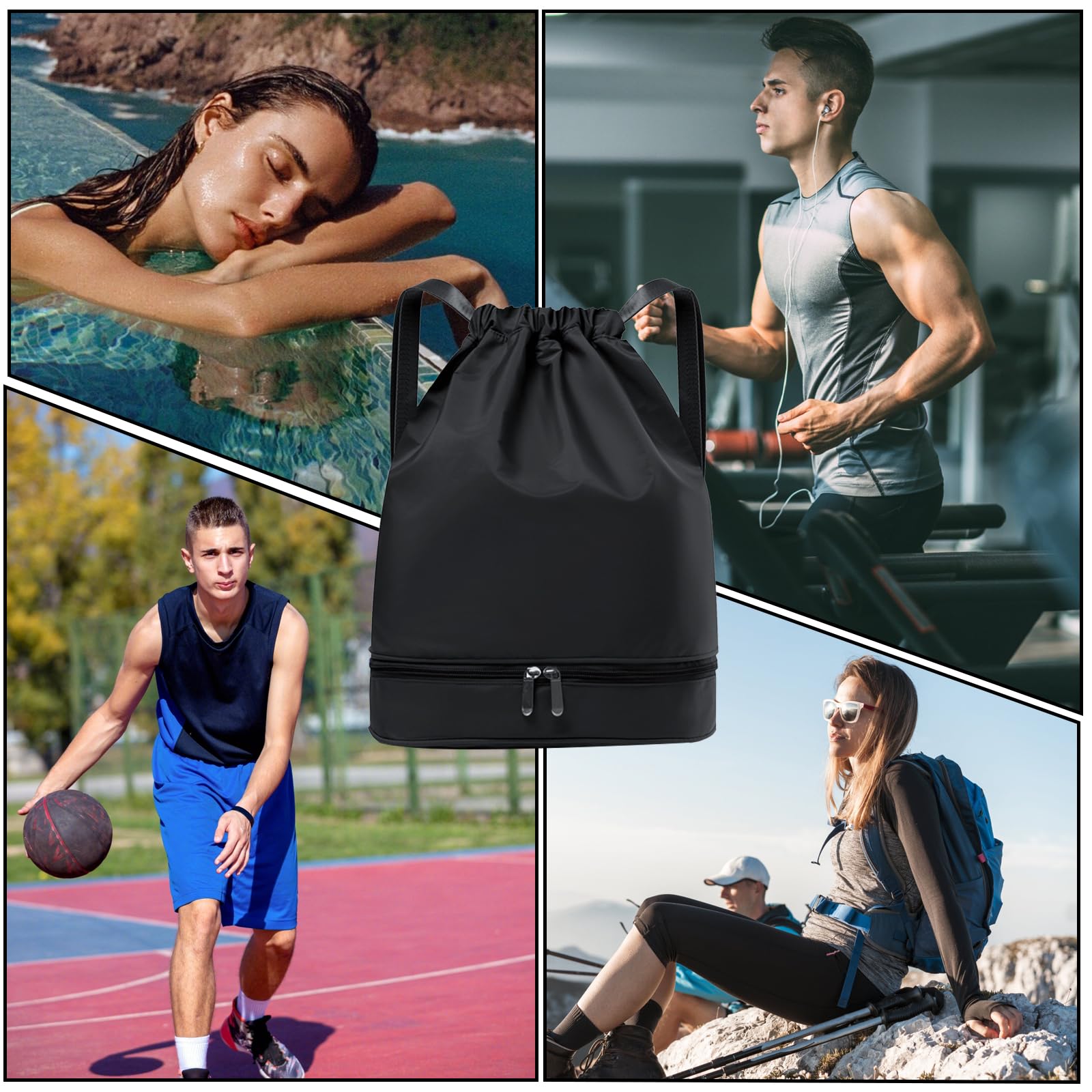 JSTHHTT Sacca Sportiva con Coulisse Impermeabile, Vano Scarpe e Scomparto, per Palestra, Scuola, Spiaggia e Nuoto, Nero